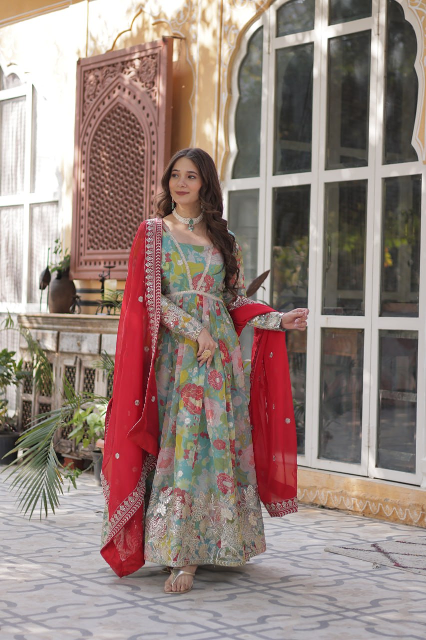 Elegant Russian Silk Anarkali Set With Embroidered Dupatta