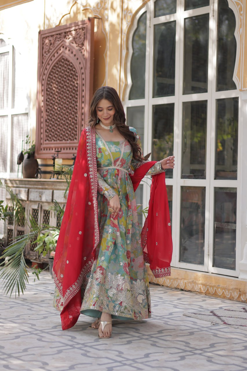 Elegant Russian Silk Anarkali Set With Embroidered Dupatta