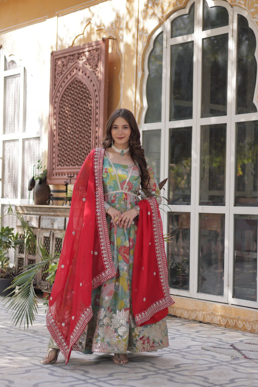 Elegant Russian Silk Anarkali Set With Embroidered Dupatta