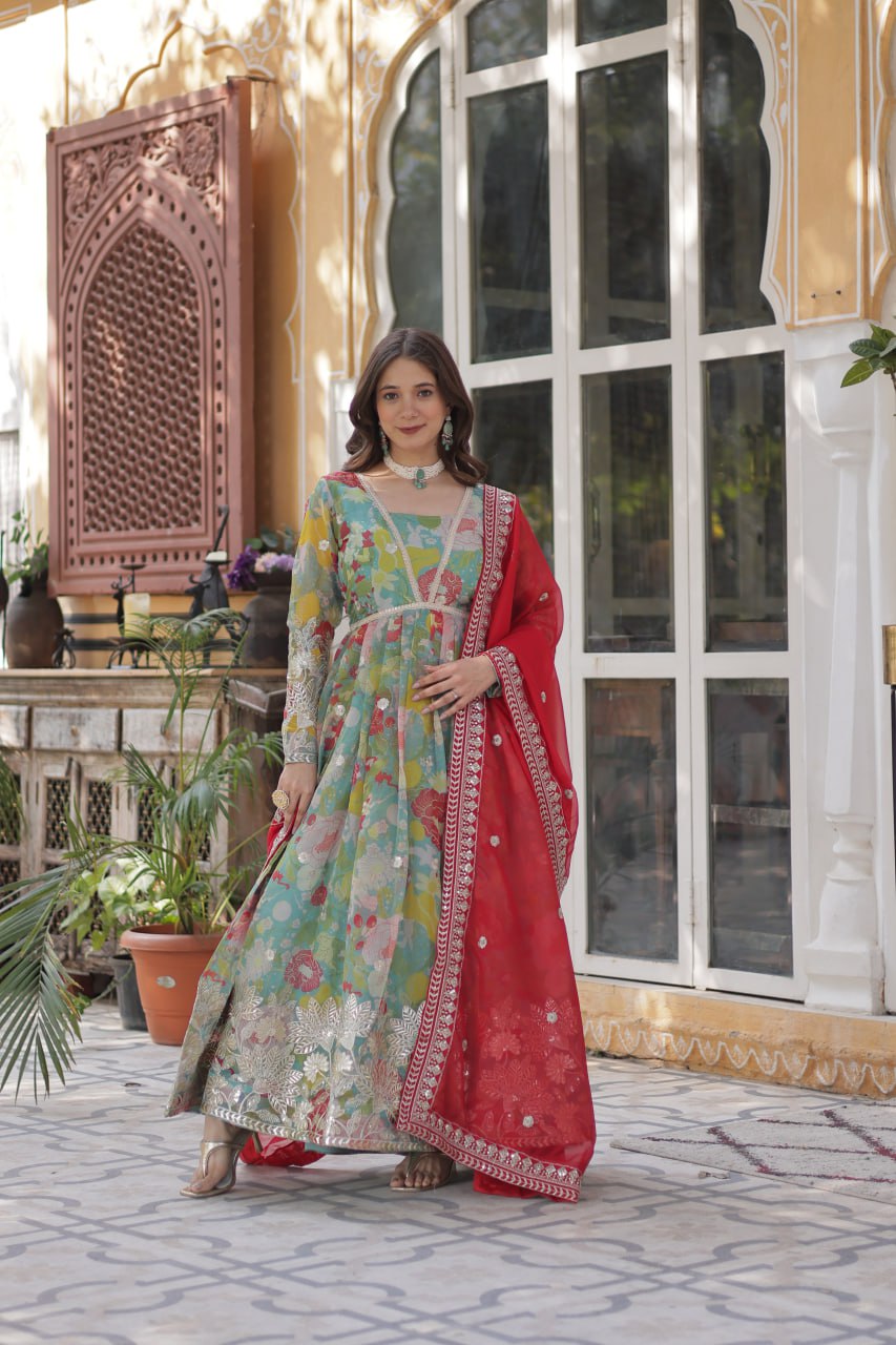 Elegant Russian Silk Anarkali Set With Embroidered Dupatta