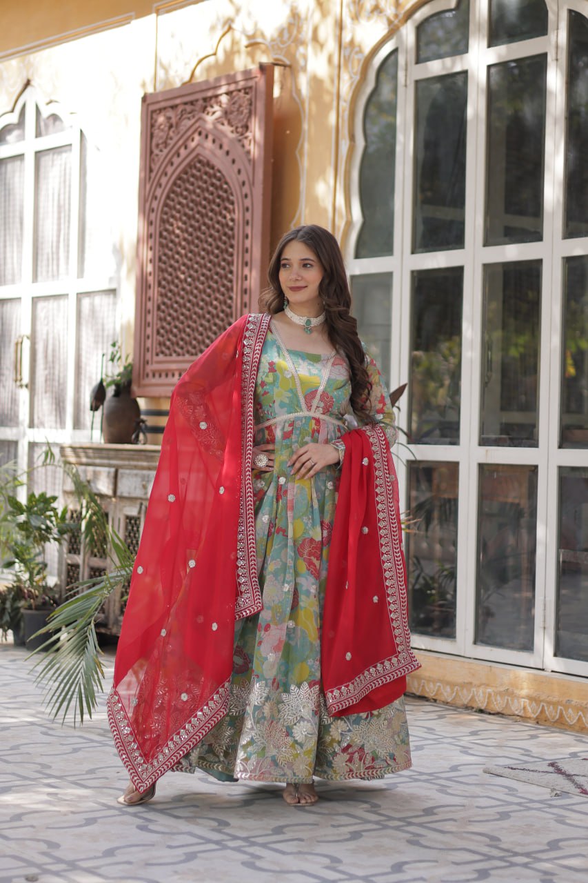 Elegant Russian Silk Anarkali Set With Embroidered Dupatta