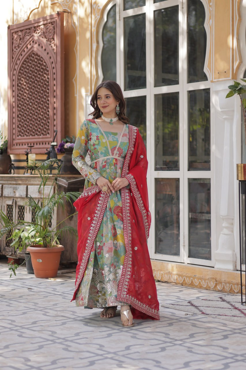 Elegant Russian Silk Anarkali Set With Embroidered Dupatta