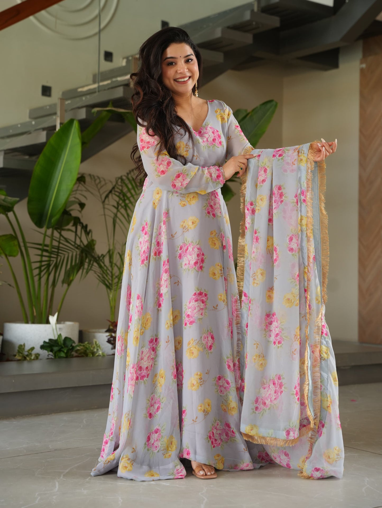 Floral Fantasy Faux Georgette Gown Set – Grace in Every Twirl