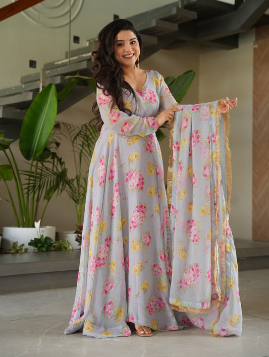 Floral Fantasy Faux Georgette Gown Set – Grace in Every Twirl