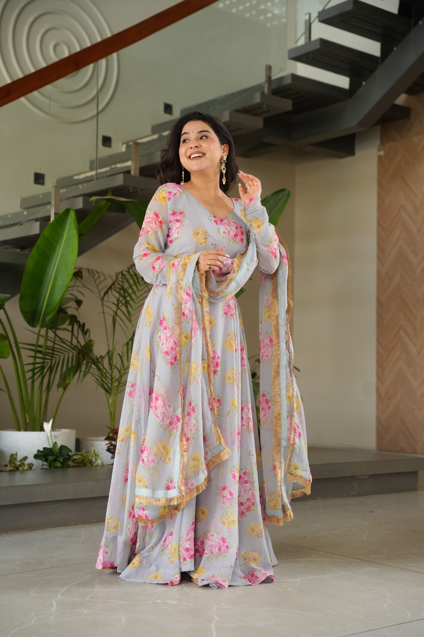 Floral Fantasy Faux Georgette Gown Set – Grace in Every Twirl