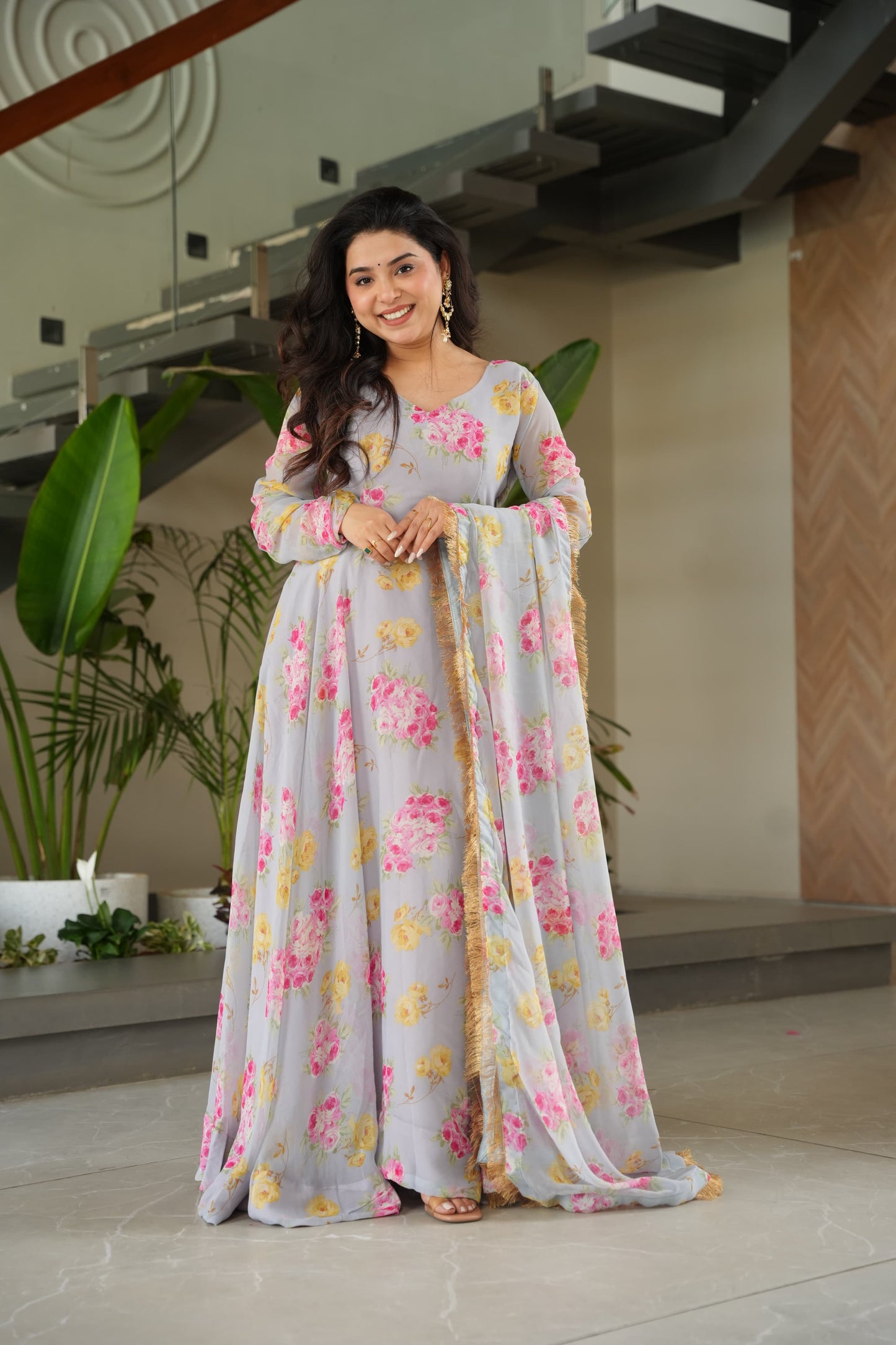 Floral Fantasy Faux Georgette Gown Set – Grace in Every Twirl