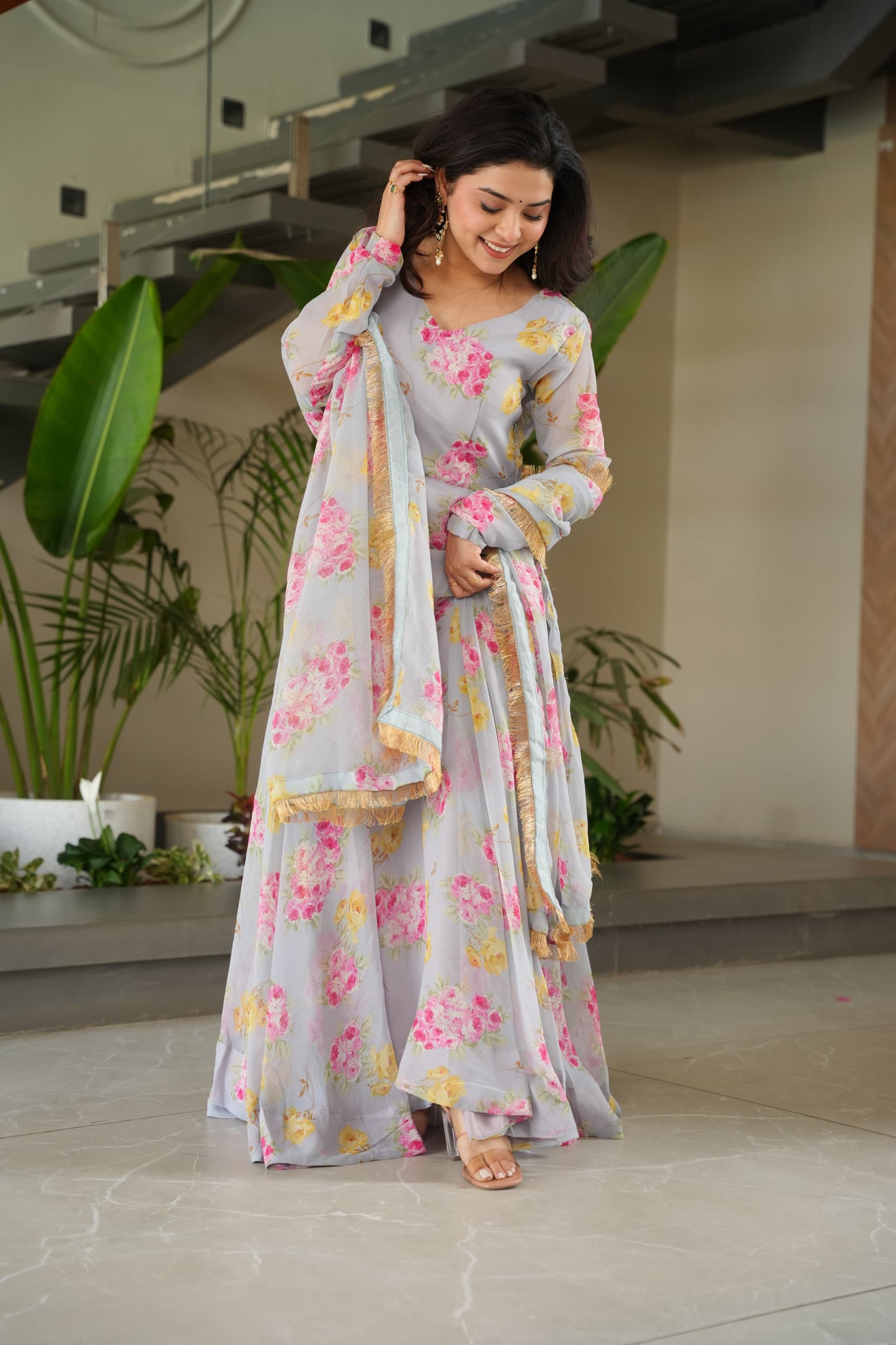 Floral Fantasy Faux Georgette Gown Set – Grace in Every Twirl