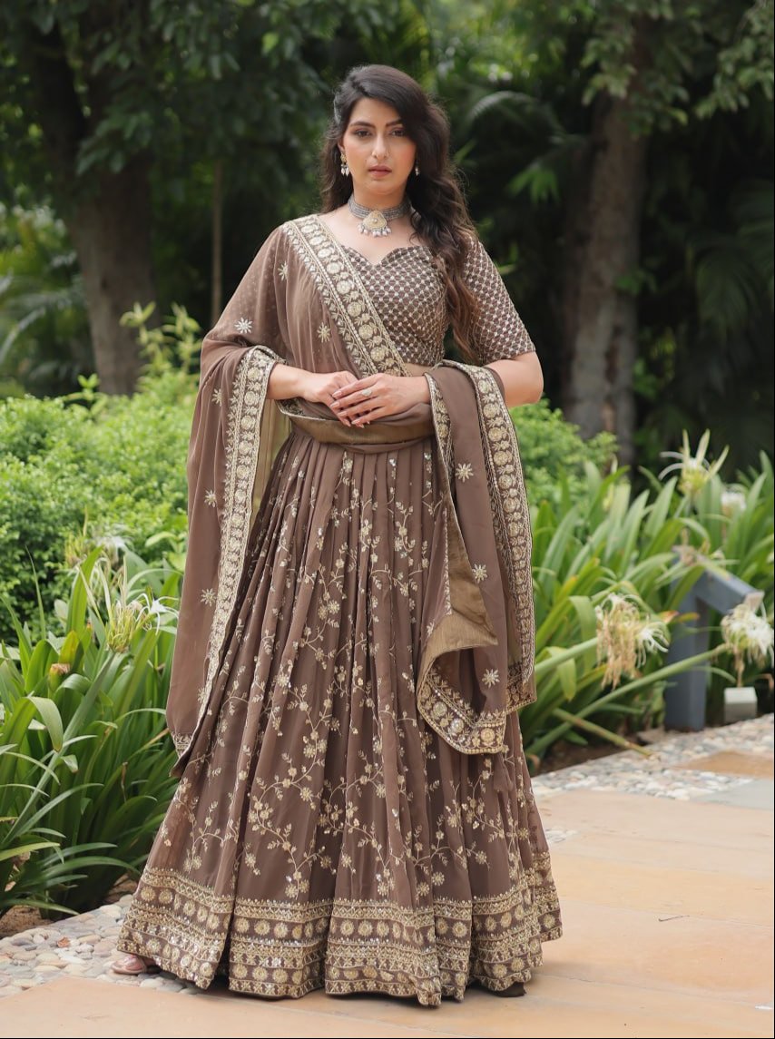 Breathtaking Brown Faux Georgette Sequins Embroidered Lehenga Choli - INDIAN ELEGANCE