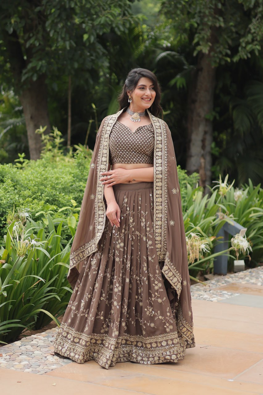 Breathtaking Brown Faux Georgette Sequins Embroidered Lehenga Choli - INDIAN ELEGANCE