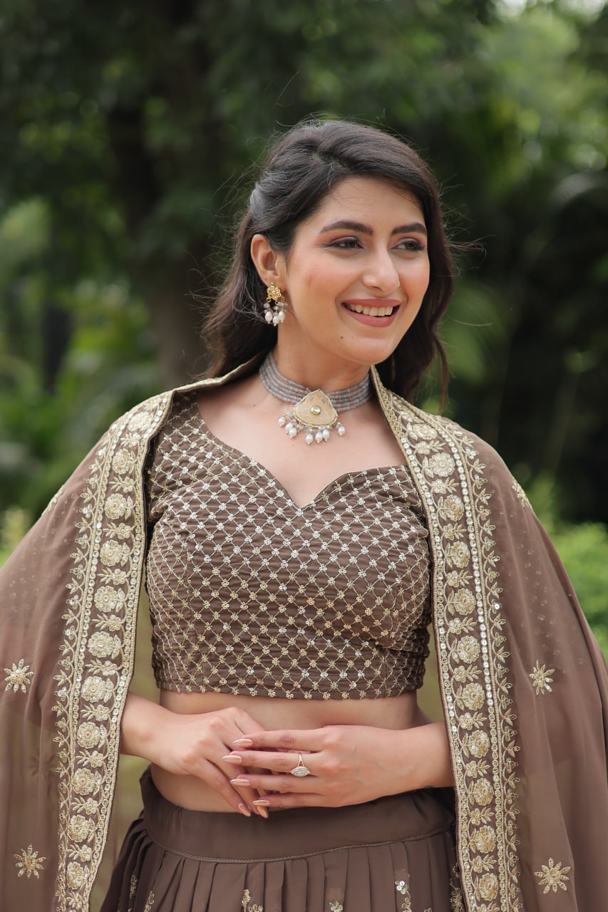 Breathtaking Brown Faux Georgette Sequins Embroidered Lehenga Choli - INDIAN ELEGANCE