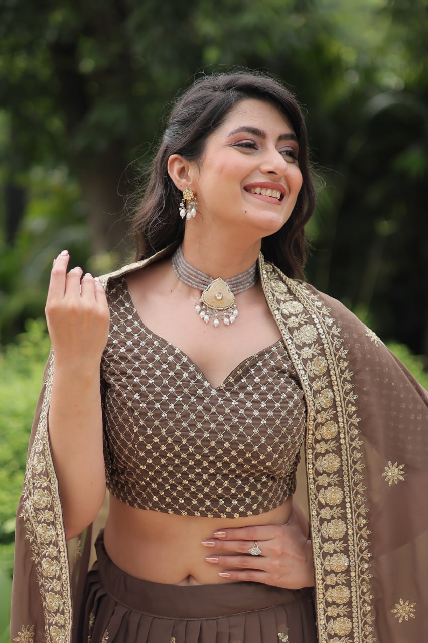 Breathtaking Brown Faux Georgette Sequins Embroidered Lehenga Choli - INDIAN ELEGANCE
