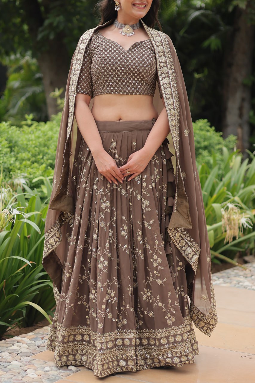 Breathtaking Brown Faux Georgette Sequins Embroidered Lehenga Choli - INDIAN ELEGANCE