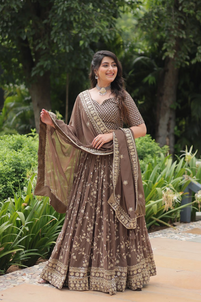 Breathtaking Brown Faux Georgette Sequins Embroidered Lehenga Choli - INDIAN ELEGANCE