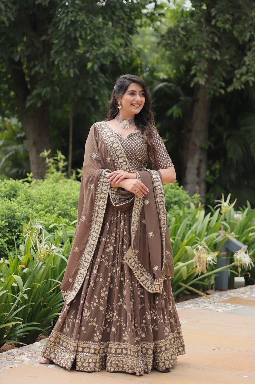 Breathtaking Brown Faux Georgette Sequins Embroidered Lehenga Choli - INDIAN ELEGANCE