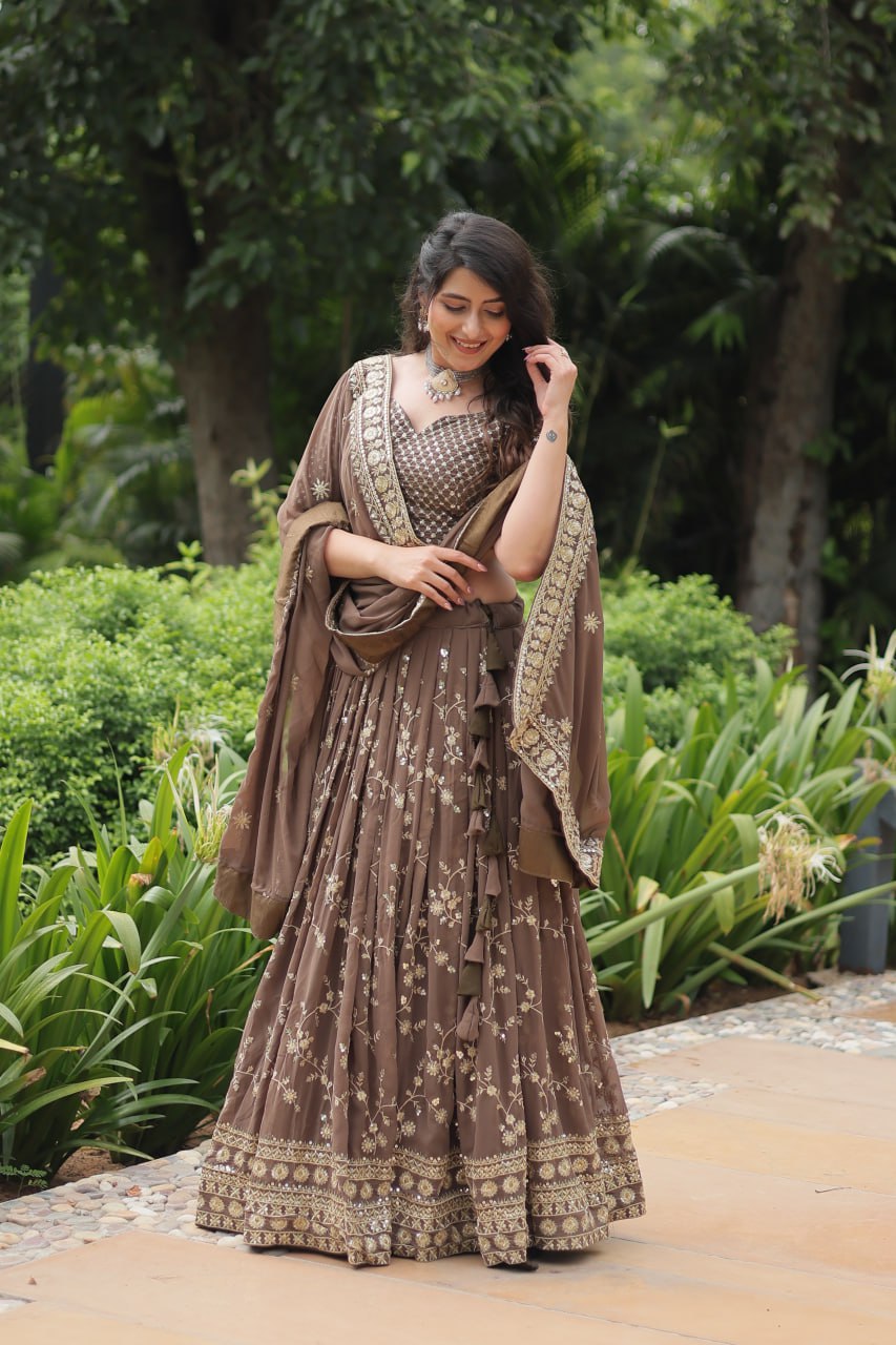 Breathtaking Brown Faux Georgette Sequins Embroidered Lehenga Choli - INDIAN ELEGANCE
