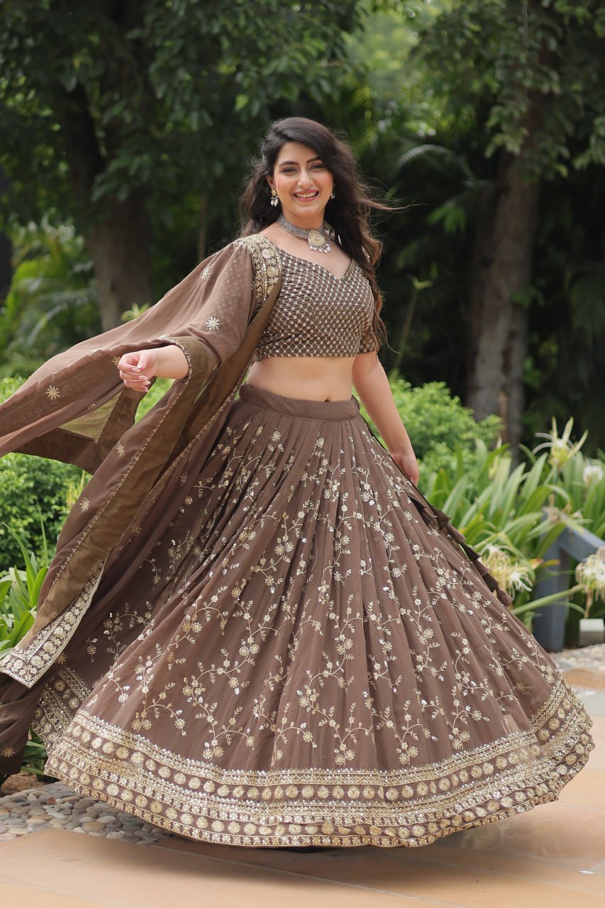 Breathtaking Brown Faux Georgette Sequins Embroidered Lehenga Choli - INDIAN ELEGANCE