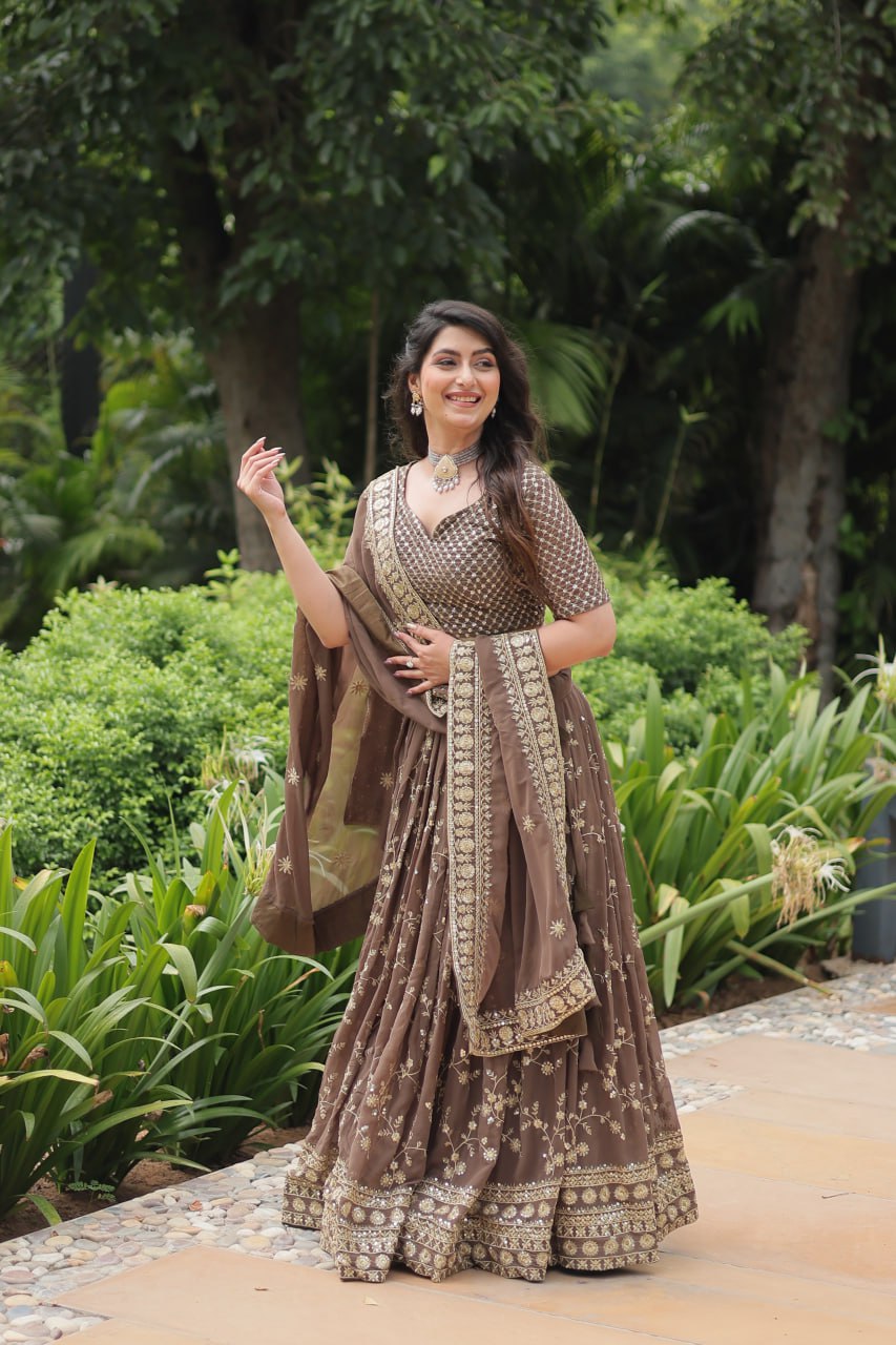 Breathtaking Brown Faux Georgette Sequins Embroidered Lehenga Choli - INDIAN ELEGANCE