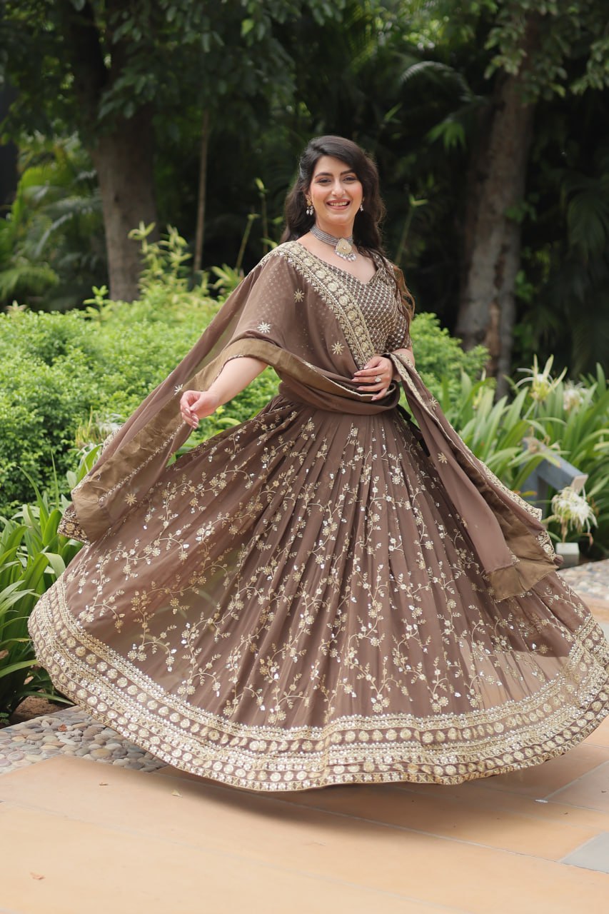 Breathtaking Brown Faux Georgette Sequins Embroidered Lehenga Choli - INDIAN ELEGANCE