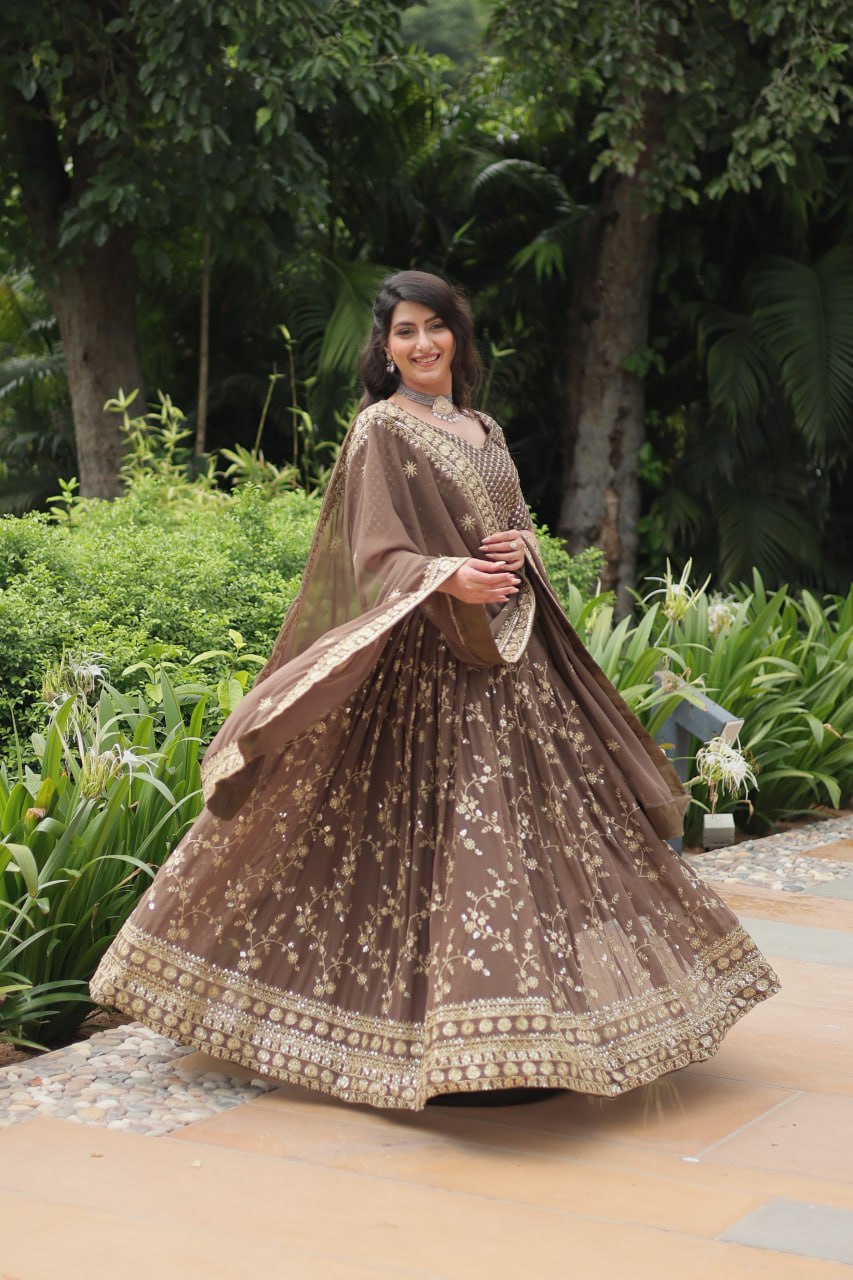Breathtaking Brown Faux Georgette Sequins Embroidered Lehenga Choli - INDIAN ELEGANCE