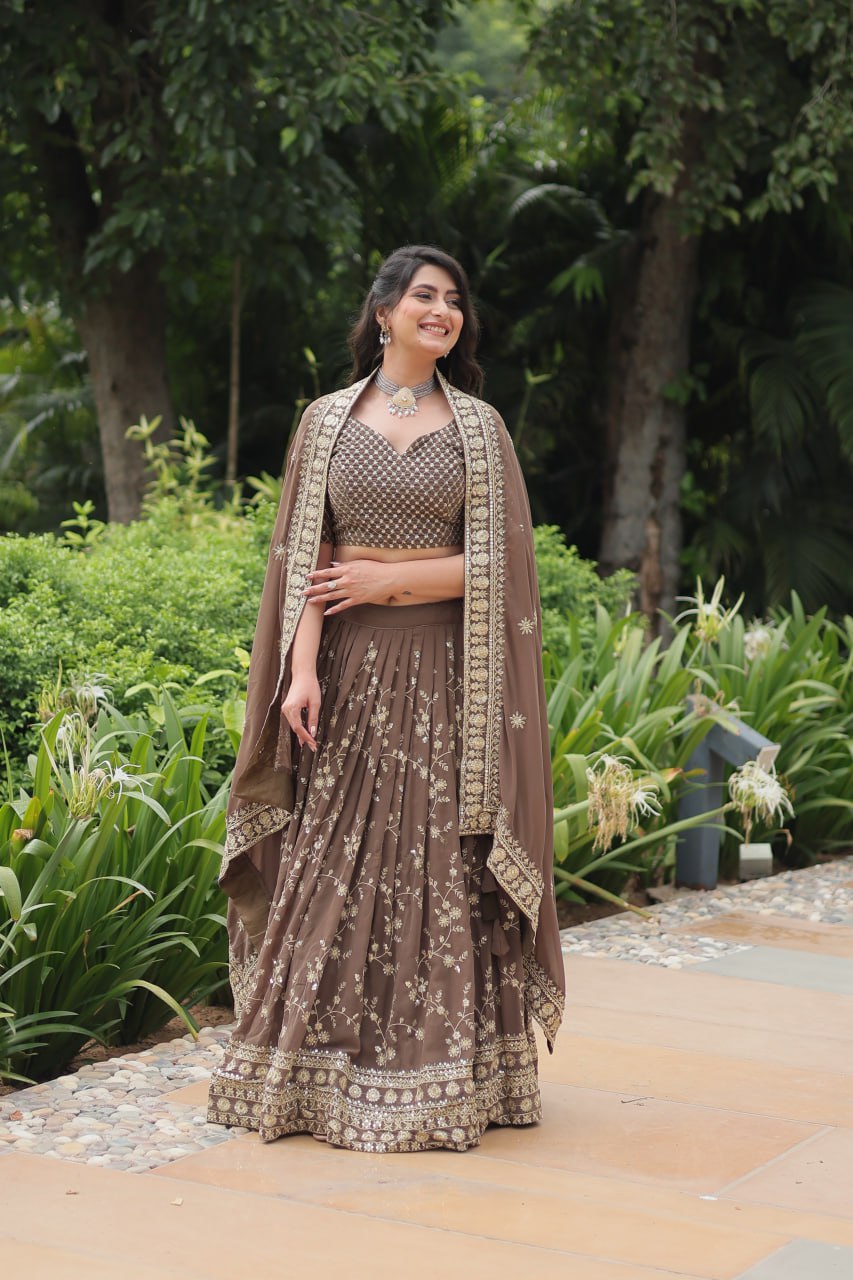 Breathtaking Brown Faux Georgette Sequins Embroidered Lehenga Choli - INDIAN ELEGANCE