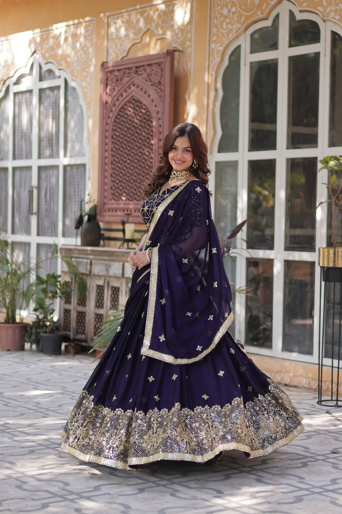 Ravishing Dark Purple Rangoli Silk Sequins Embroidered Lehenga Choli - INDIAN ELEGANCE