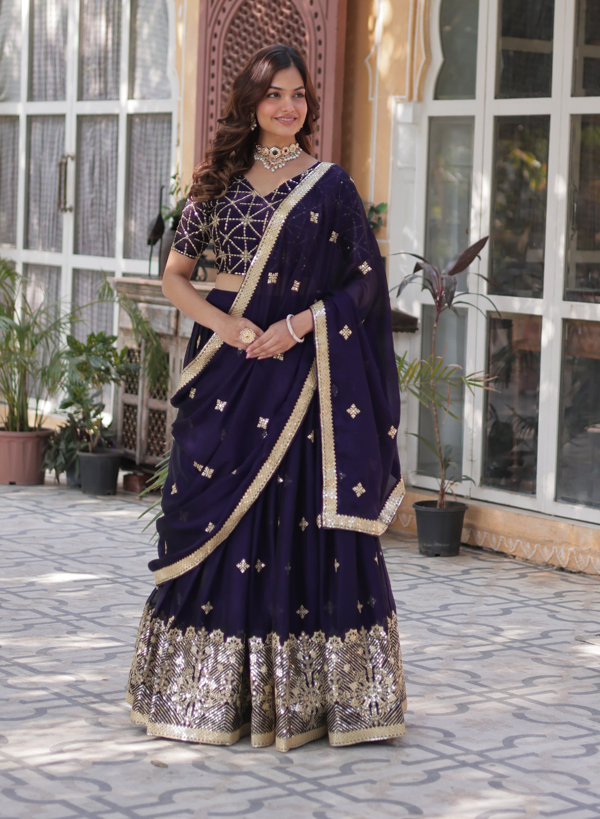 Ravishing Dark Purple Rangoli Silk Sequins Embroidered Lehenga Choli - INDIAN ELEGANCE