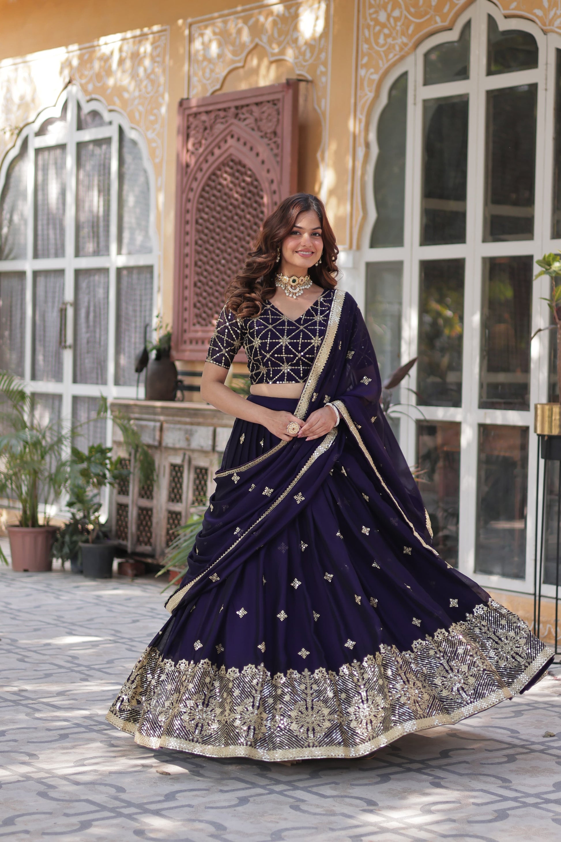 Ravishing Dark Purple Rangoli Silk Sequins Embroidered Lehenga Choli - INDIAN ELEGANCE