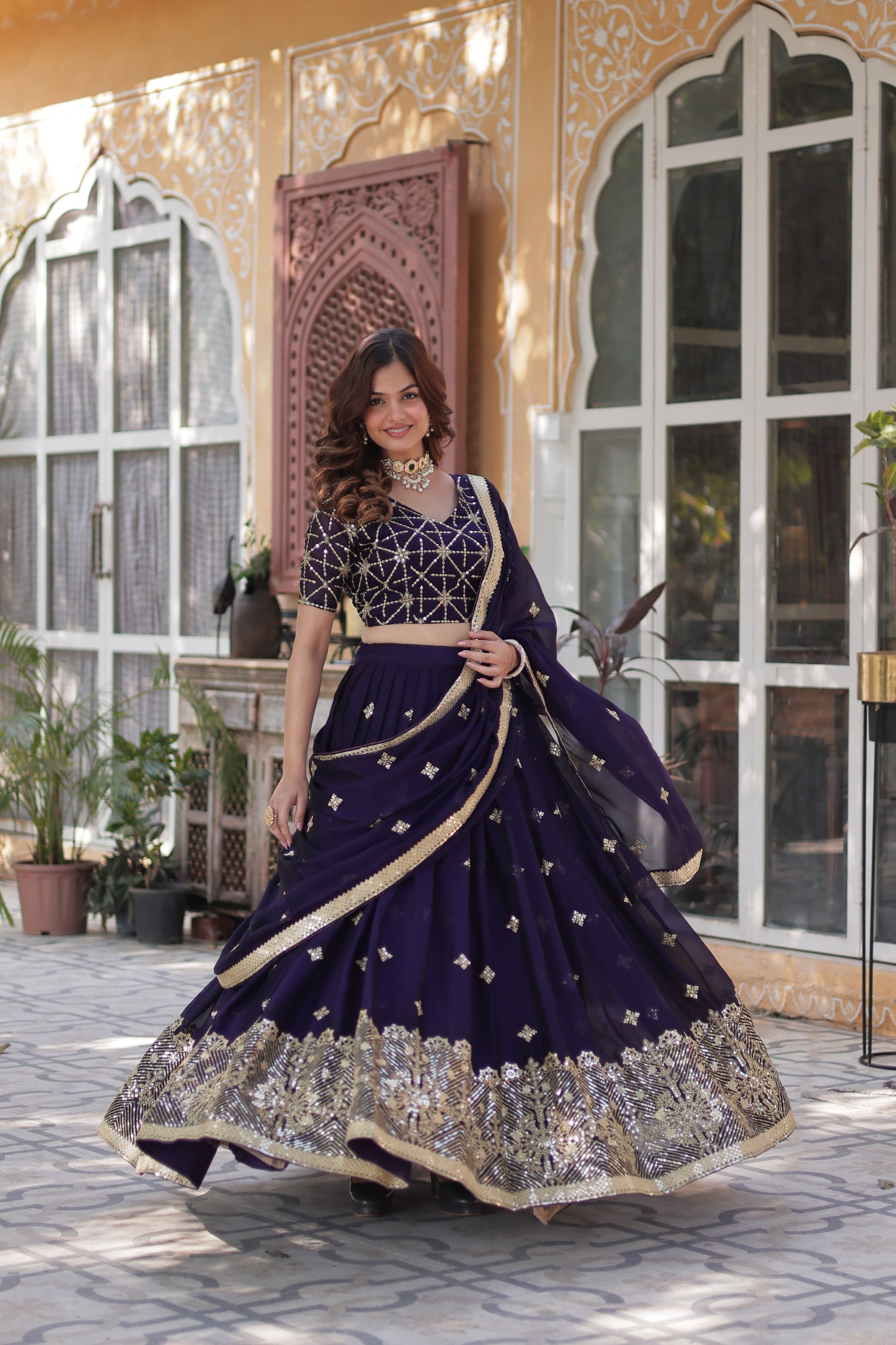 Ravishing Dark Purple Rangoli Silk Sequins Embroidered Lehenga Choli - INDIAN ELEGANCE