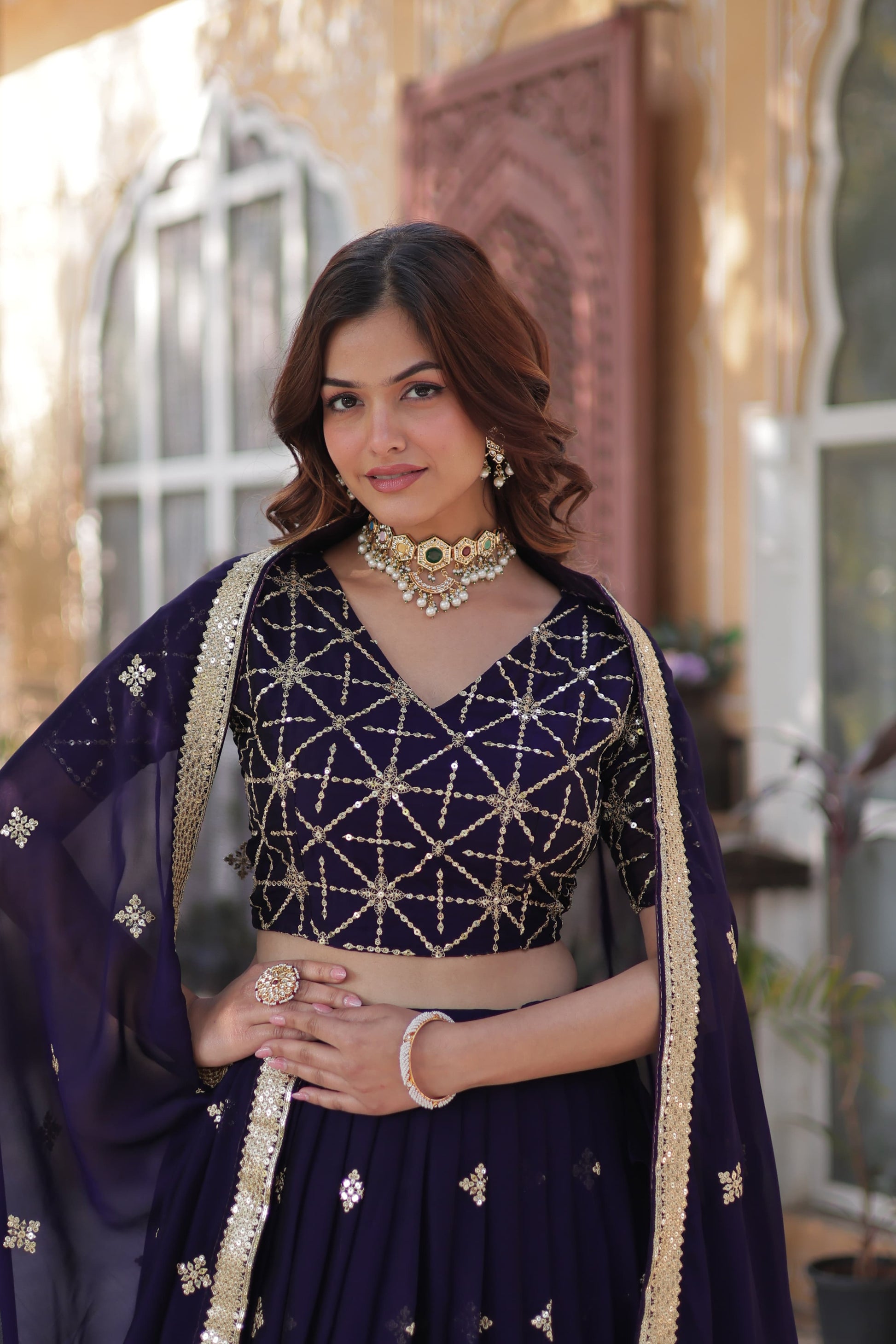 Ravishing Dark Purple Rangoli Silk Sequins Embroidered Lehenga Choli - INDIAN ELEGANCE