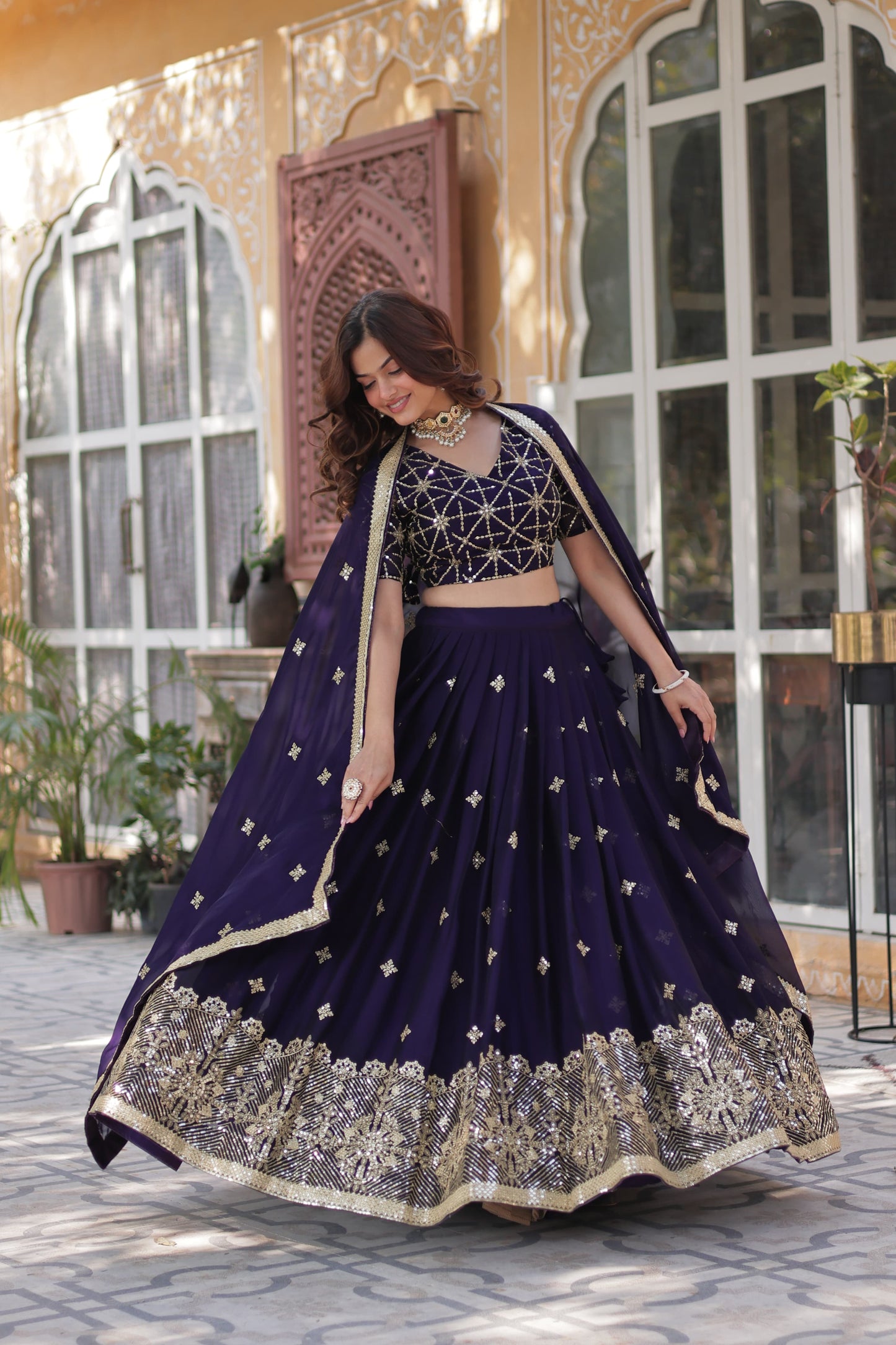 Ravishing Dark Purple Rangoli Silk Sequins Embroidered Lehenga Choli - INDIAN ELEGANCE