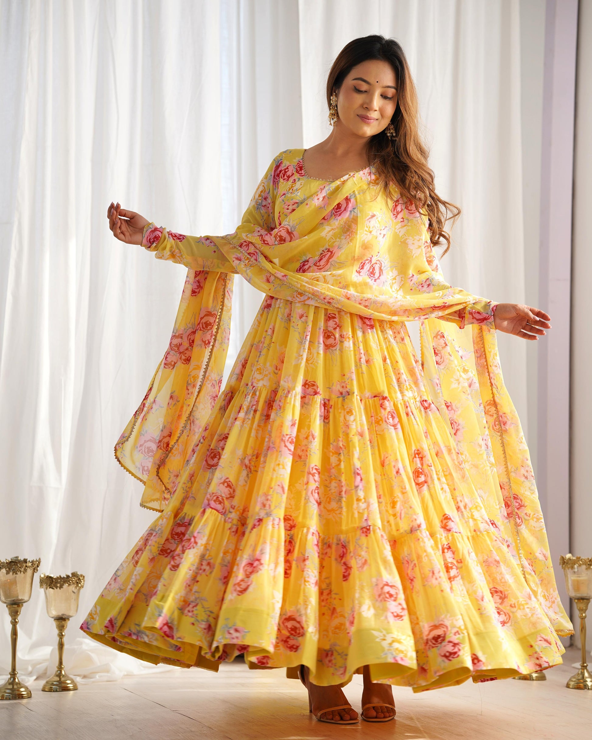 Graceful Yellow Floral Printed Fully Stitched Anarkali Pant Suit - INDIAN ELEGANCE