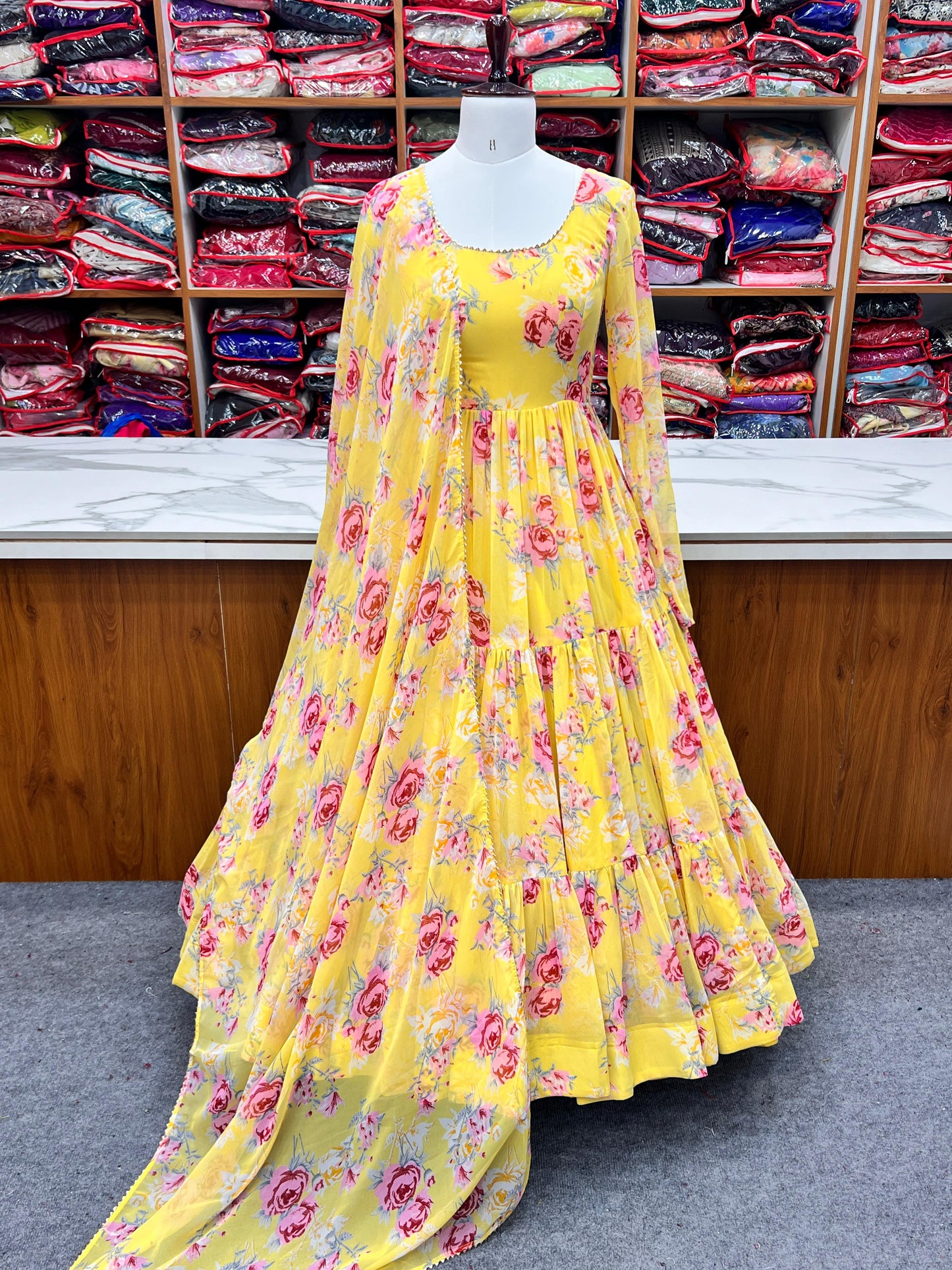 Graceful Yellow Floral Printed Fully Stitched Anarkali Pant Suit - INDIAN ELEGANCE