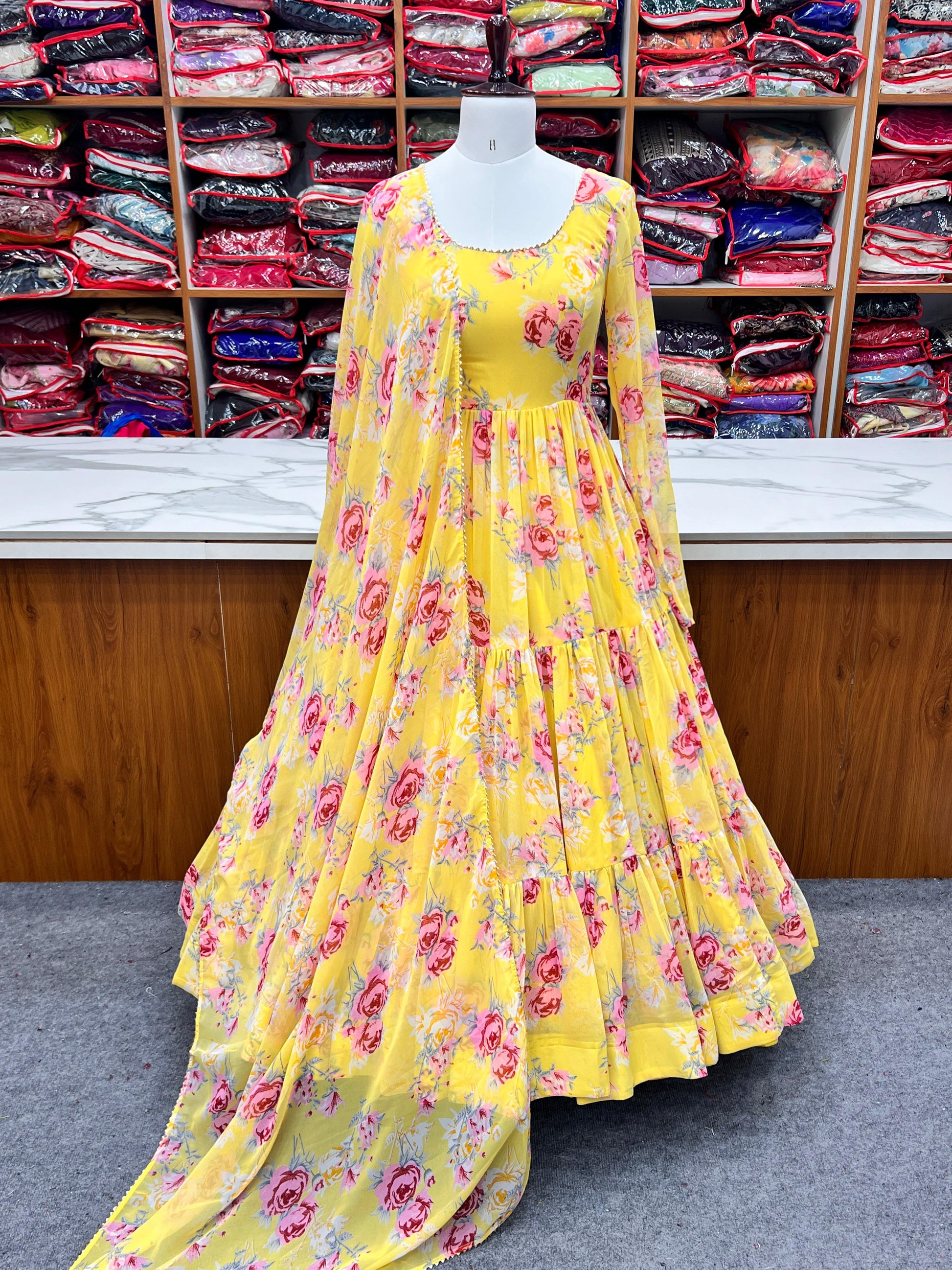 Graceful Yellow Floral Printed Fully Stitched Anarkali Pant Suit - INDIAN ELEGANCE