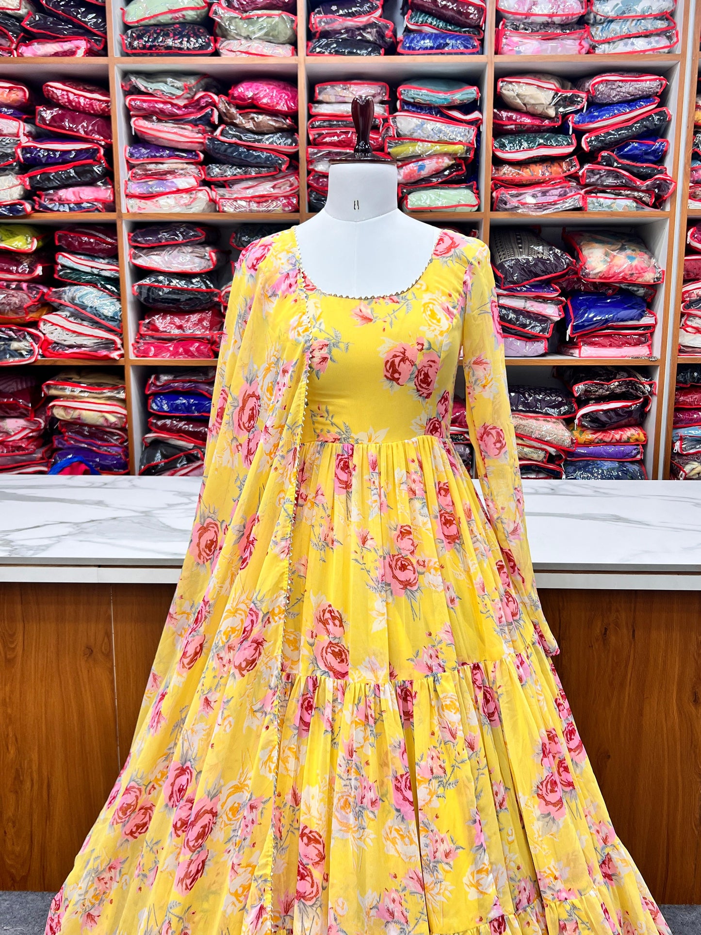 Graceful Yellow Floral Printed Fully Stitched Anarkali Pant Suit - INDIAN ELEGANCE