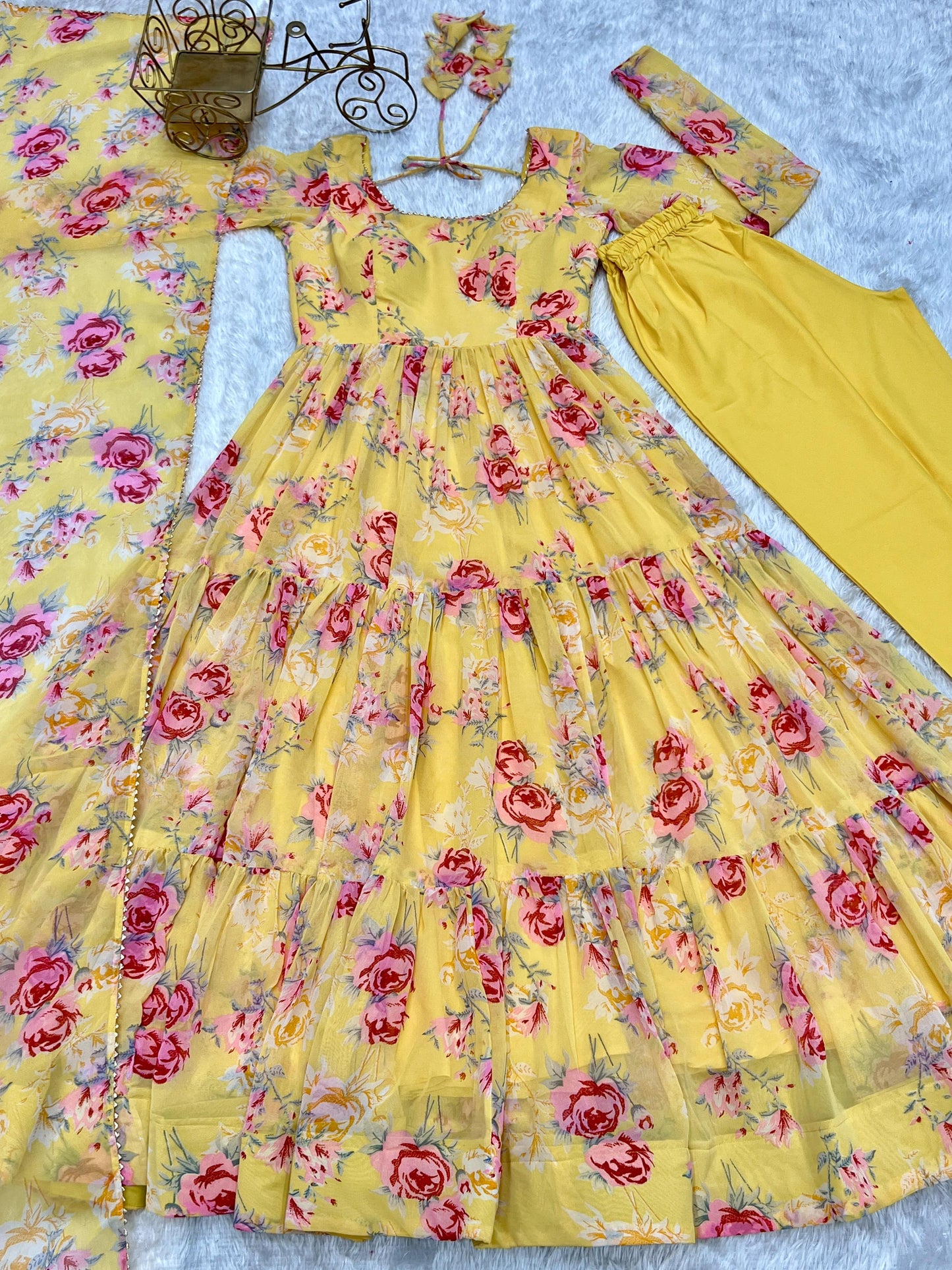 Graceful Yellow Floral Printed Fully Stitched Anarkali Pant Suit - INDIAN ELEGANCE