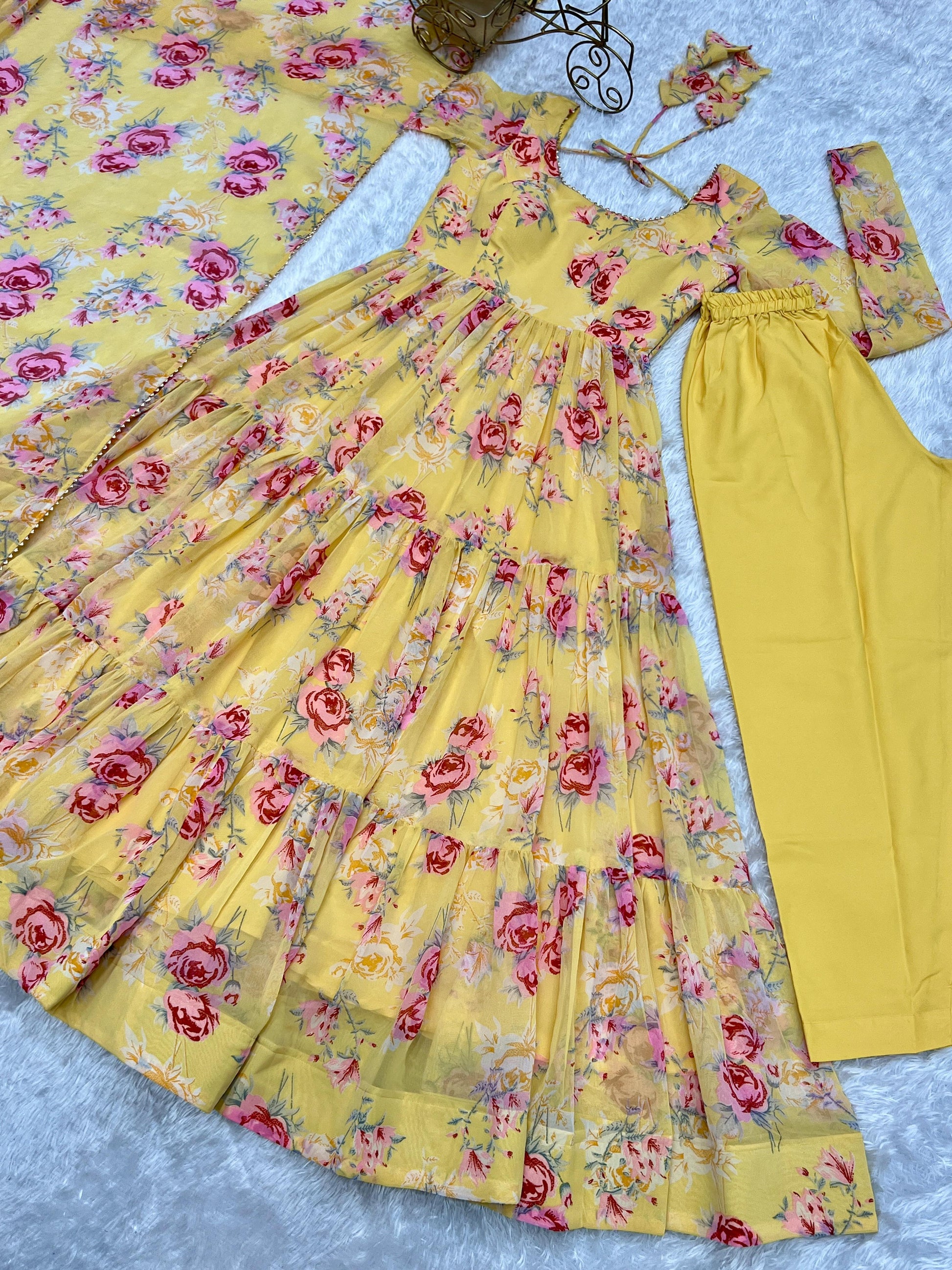 Graceful Yellow Floral Printed Fully Stitched Anarkali Pant Suit - INDIAN ELEGANCE
