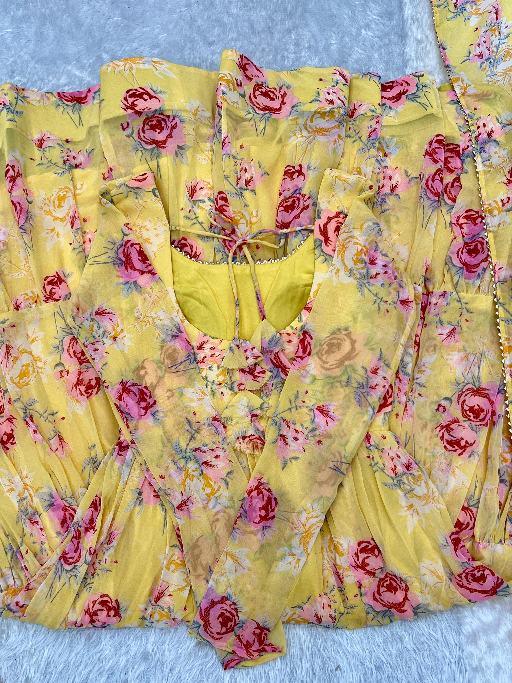 Graceful Yellow Floral Printed Fully Stitched Anarkali Pant Suit - INDIAN ELEGANCE