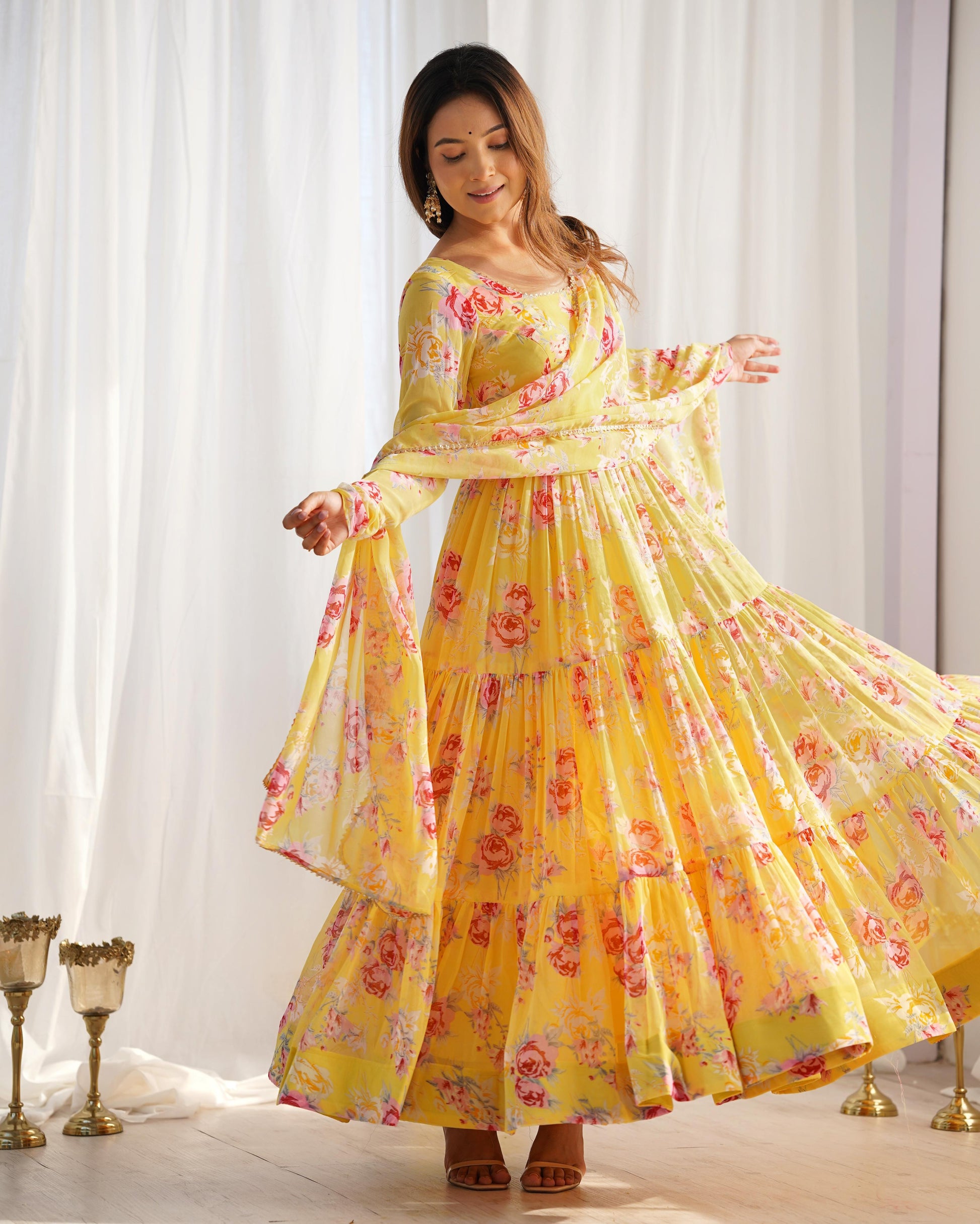 Graceful Yellow Floral Printed Fully Stitched Anarkali Pant Suit - INDIAN ELEGANCE