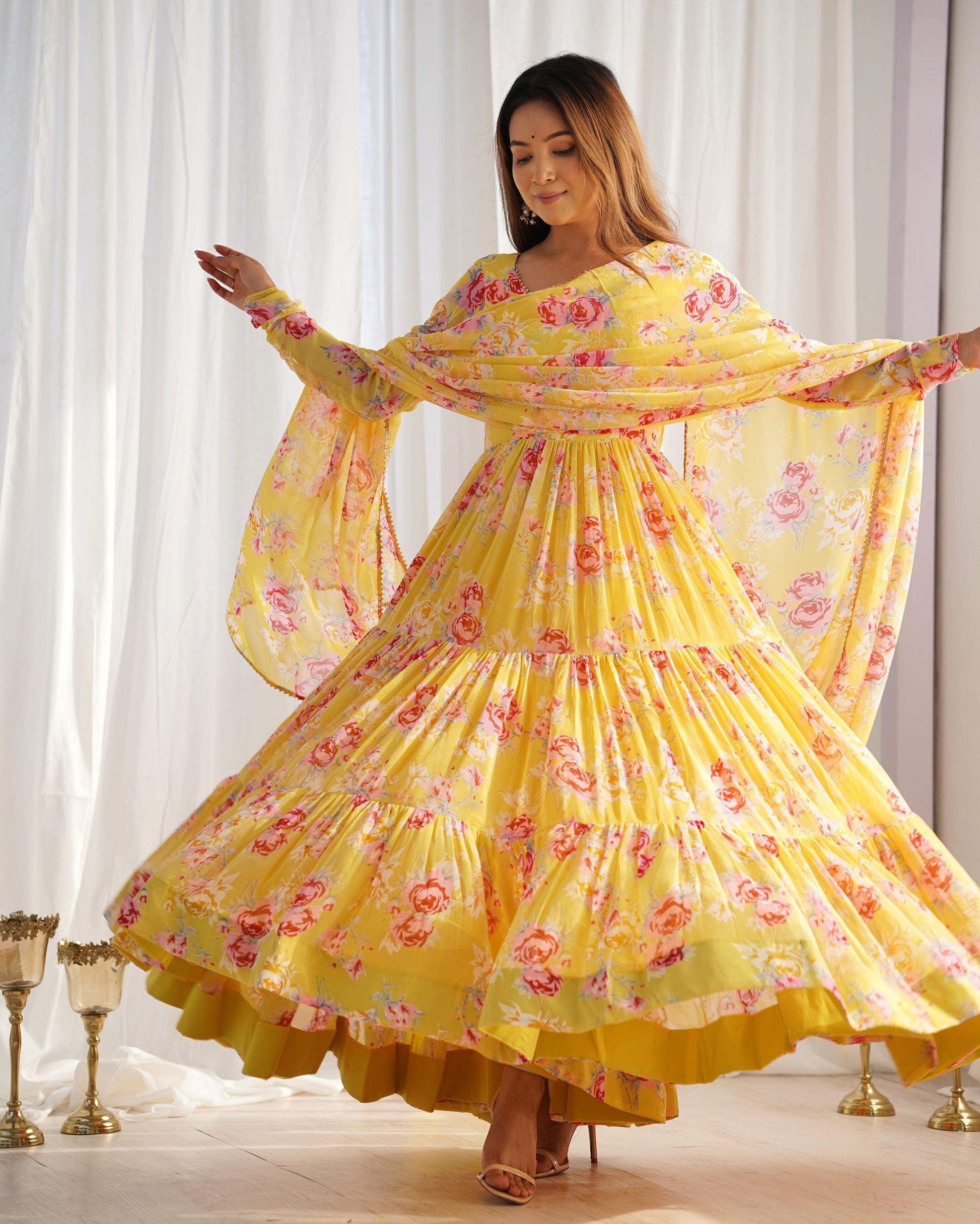 Graceful Yellow Floral Printed Fully Stitched Anarkali Pant Suit - INDIAN ELEGANCE