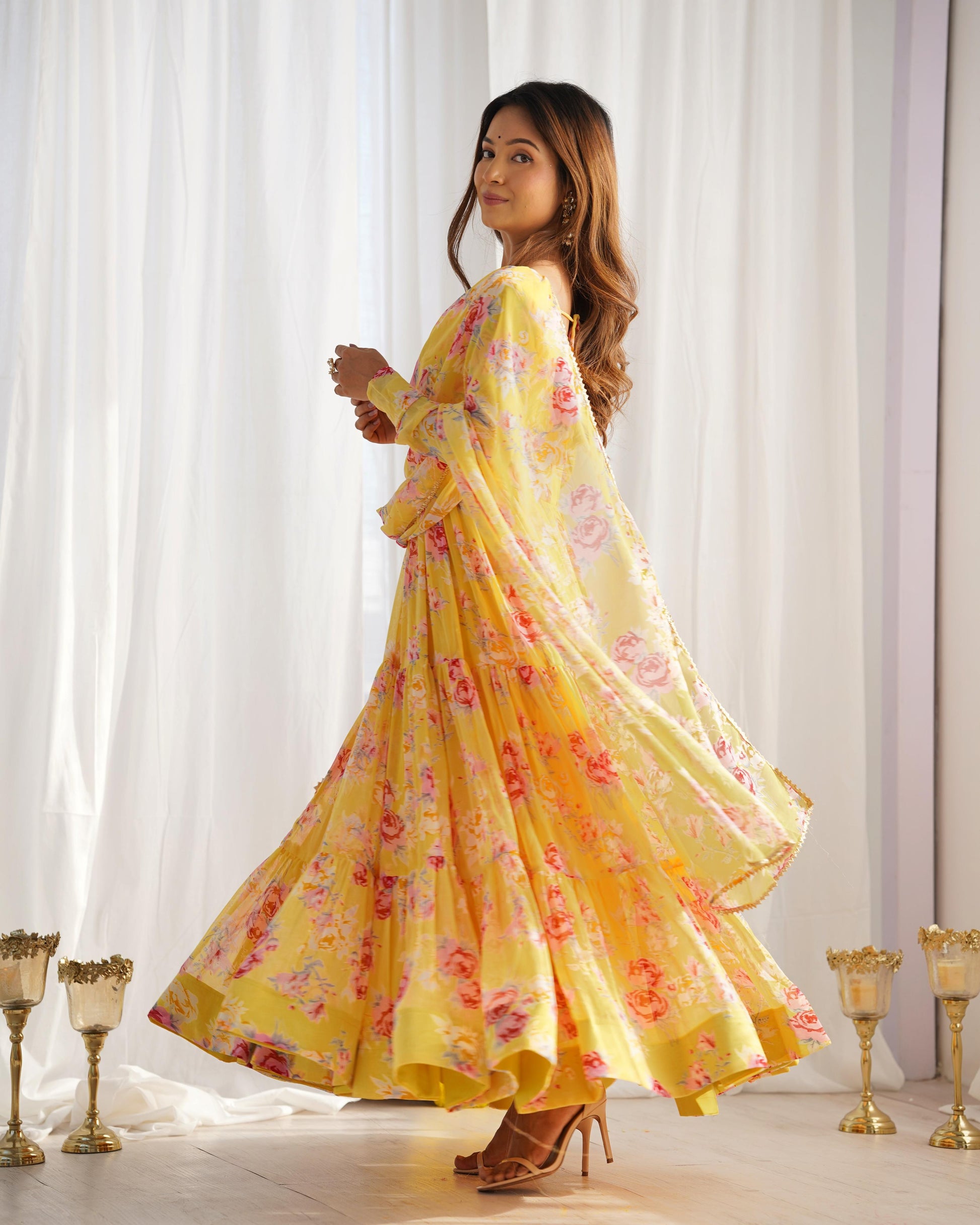Graceful Yellow Floral Printed Fully Stitched Anarkali Pant Suit - INDIAN ELEGANCE