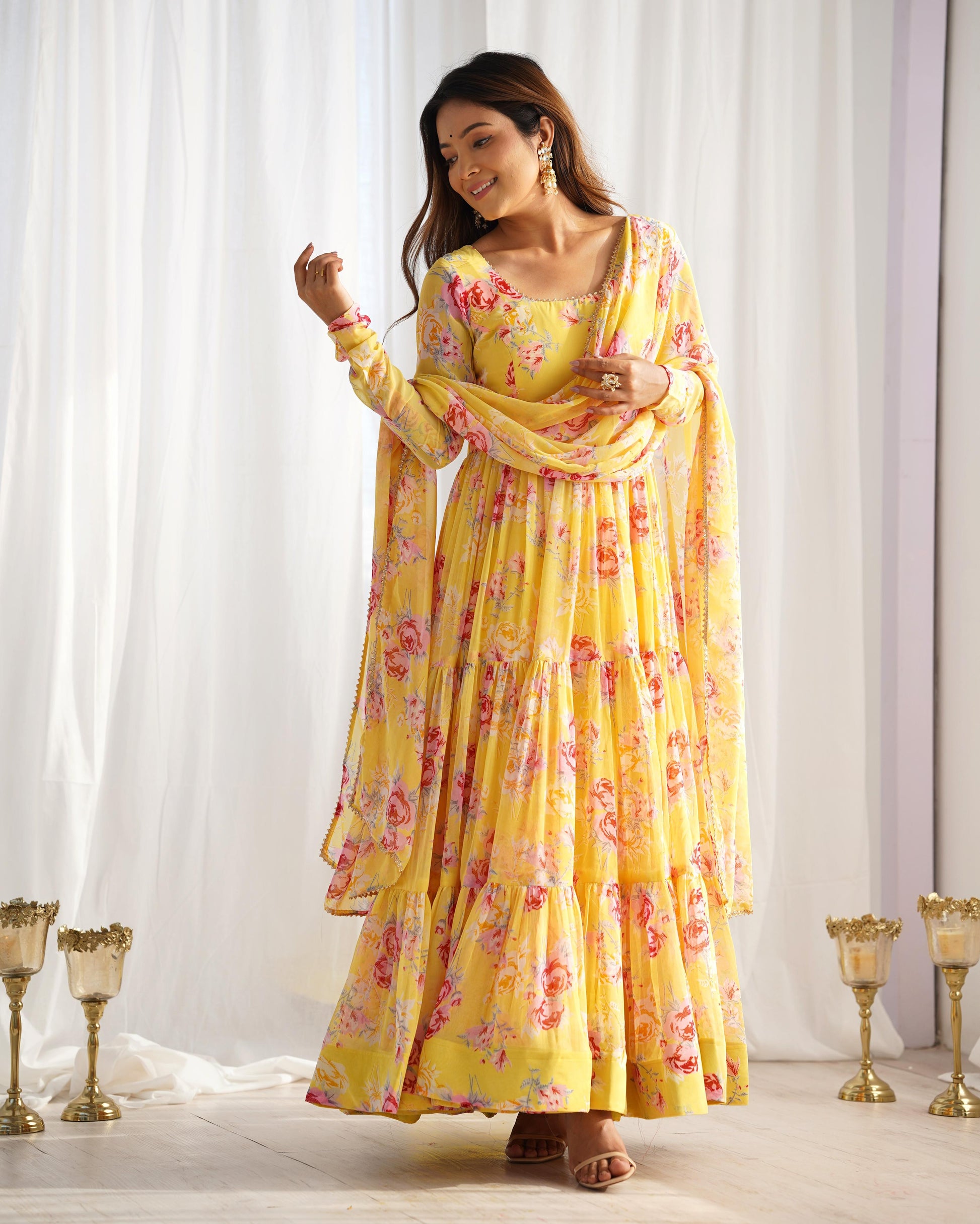 Graceful Yellow Floral Printed Fully Stitched Anarkali Pant Suit - INDIAN ELEGANCE