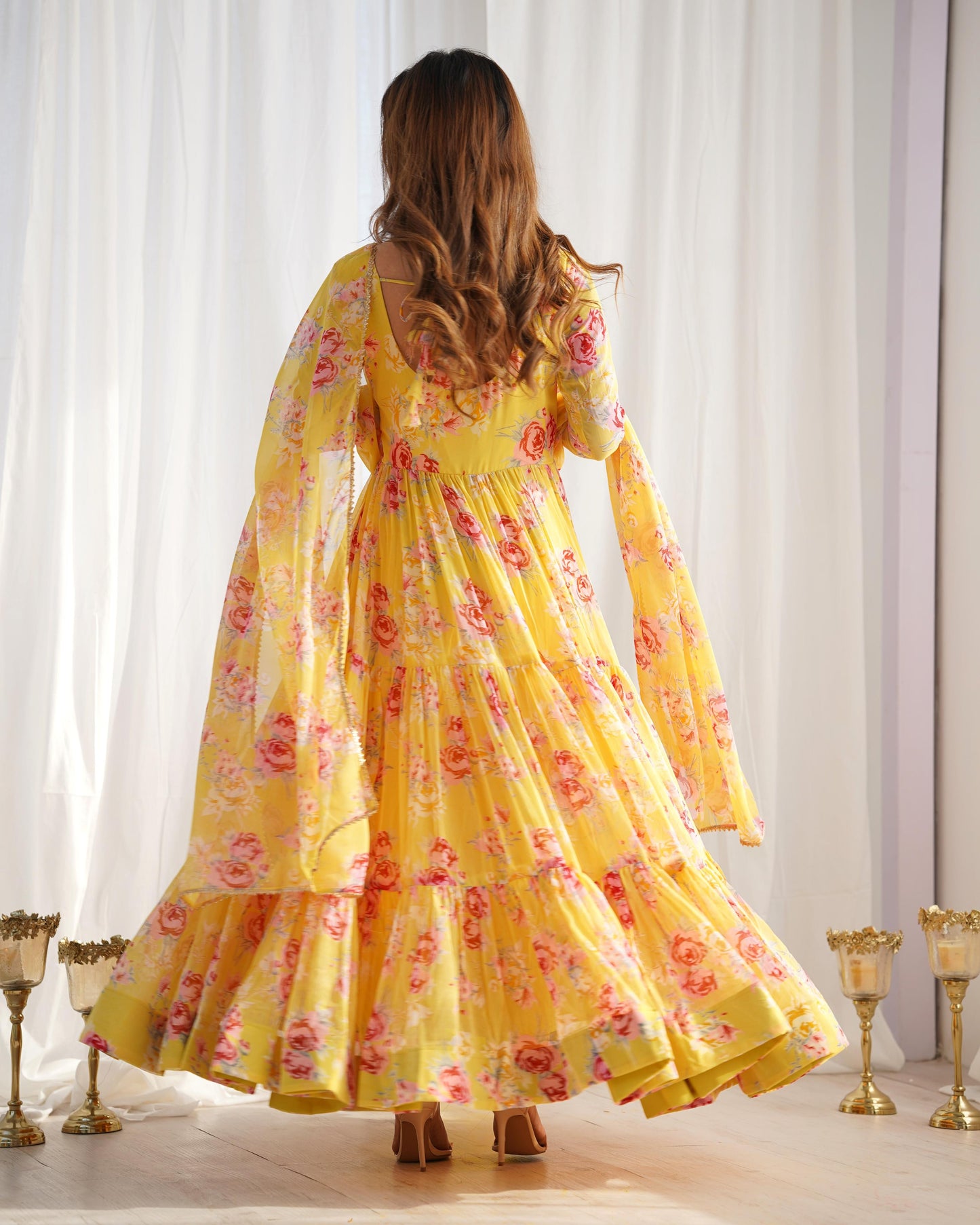 Graceful Yellow Floral Printed Fully Stitched Anarkali Pant Suit - INDIAN ELEGANCE