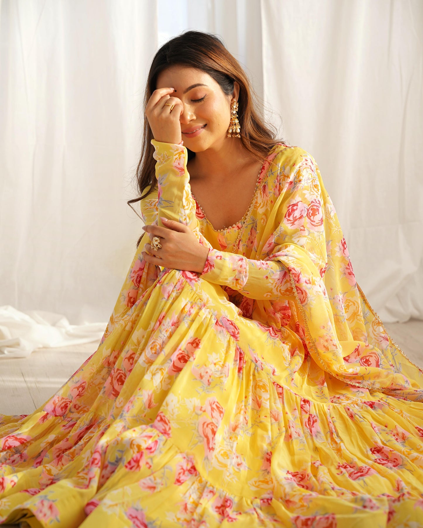 Graceful Yellow Floral Printed Fully Stitched Anarkali Pant Suit - INDIAN ELEGANCE