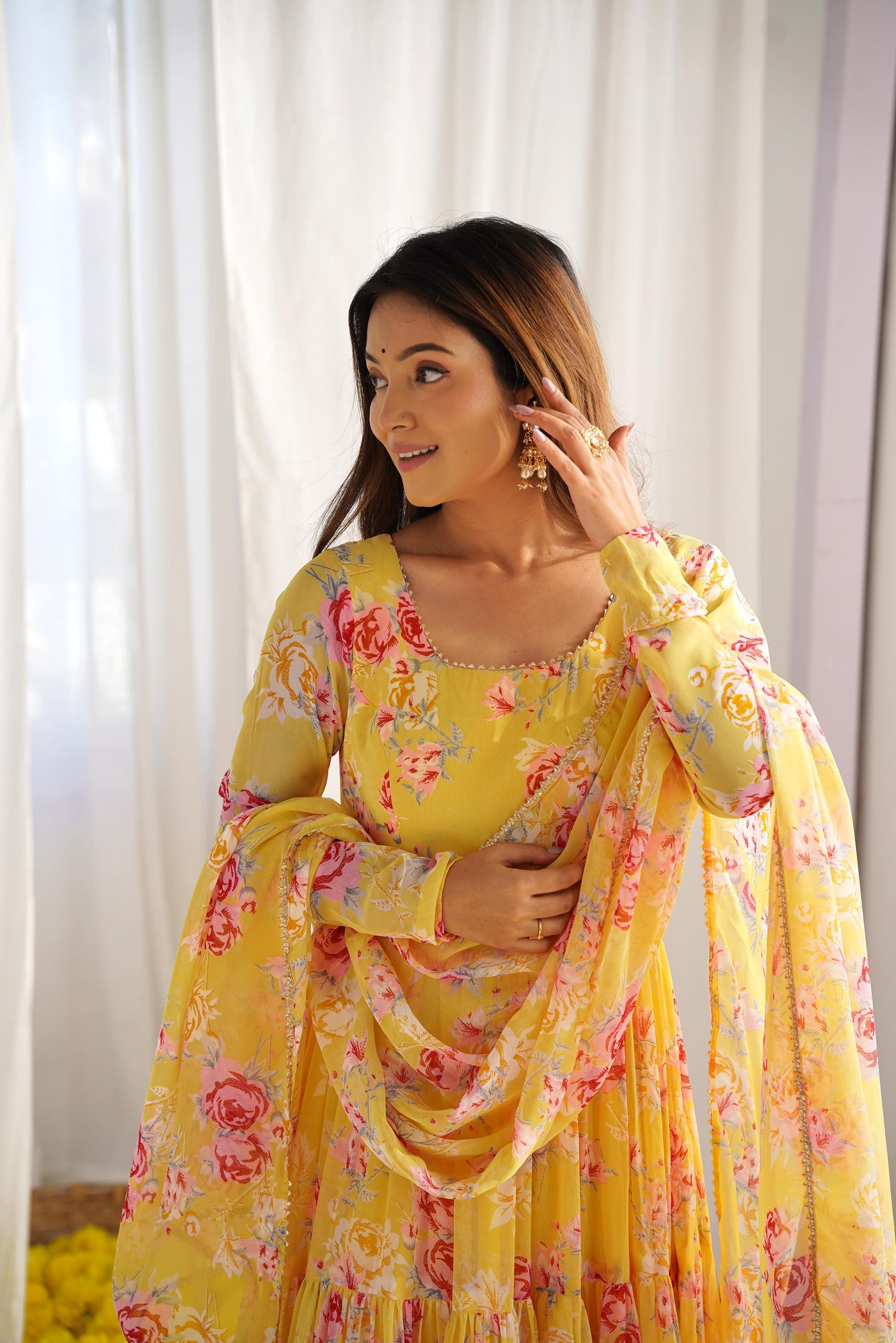 Graceful Yellow Floral Printed Fully Stitched Anarkali Pant Suit - INDIAN ELEGANCE