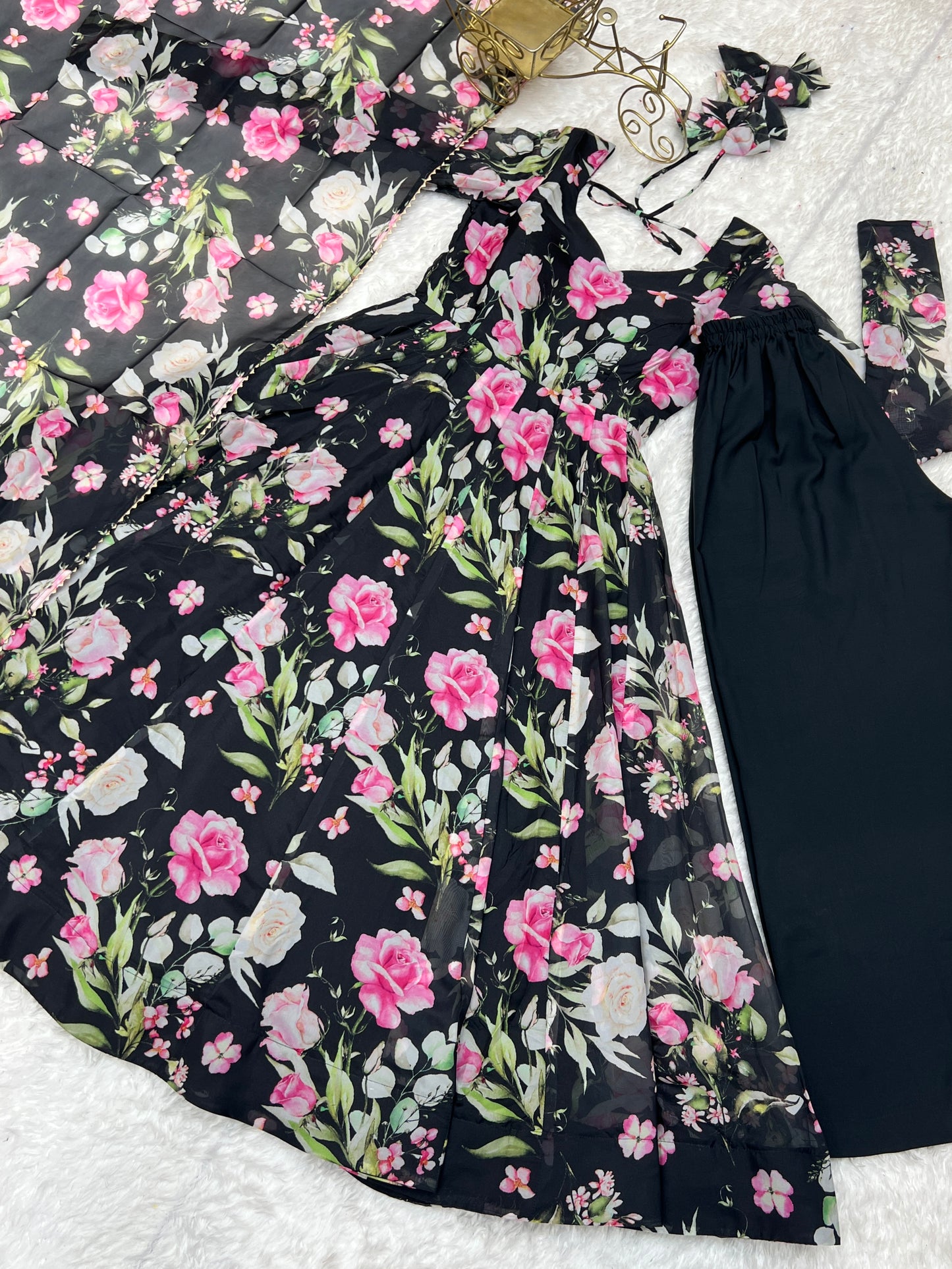 Ravishing Black Pure Organza Silk Floral Printed Anarkali Pant Suit