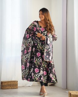 Ravishing Black Pure Organza Silk Floral Printed Anarkali Pant Suit