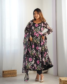 Ravishing Black Pure Organza Silk Floral Printed Anarkali Pant Suit