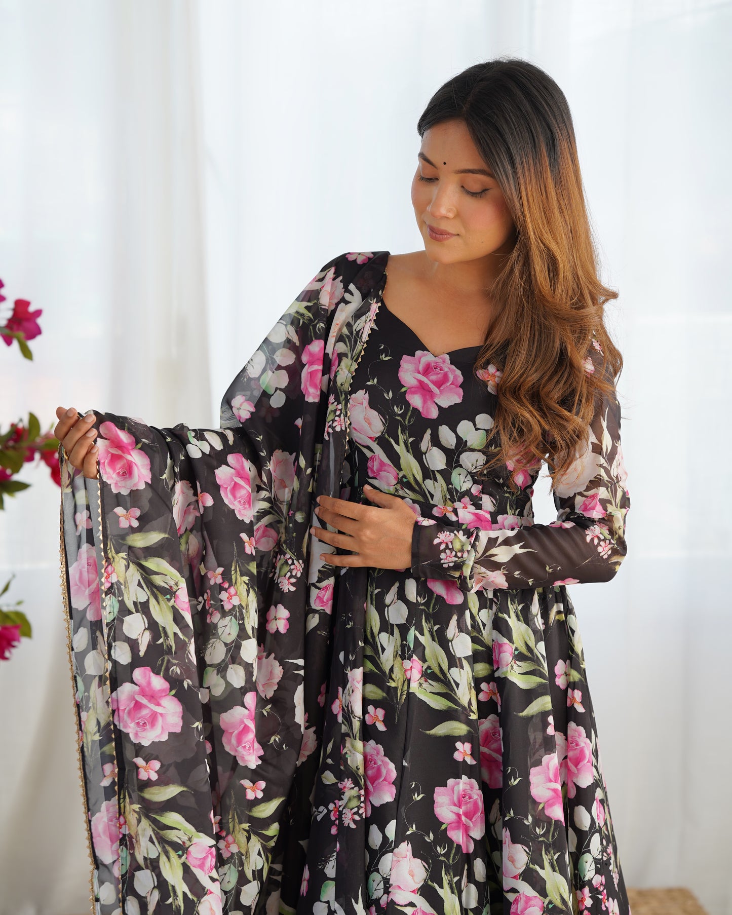 Ravishing Black Pure Organza Silk Floral Printed Anarkali Pant Suit