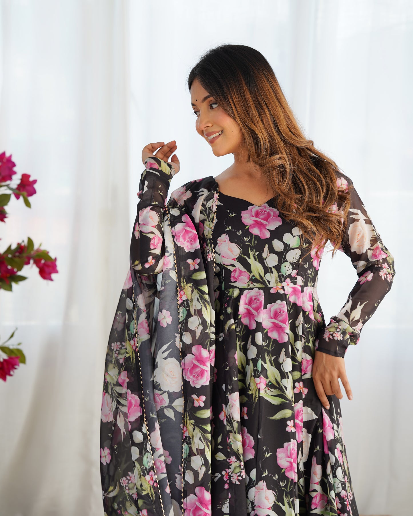 Ravishing Black Pure Organza Silk Floral Printed Anarkali Pant Suit