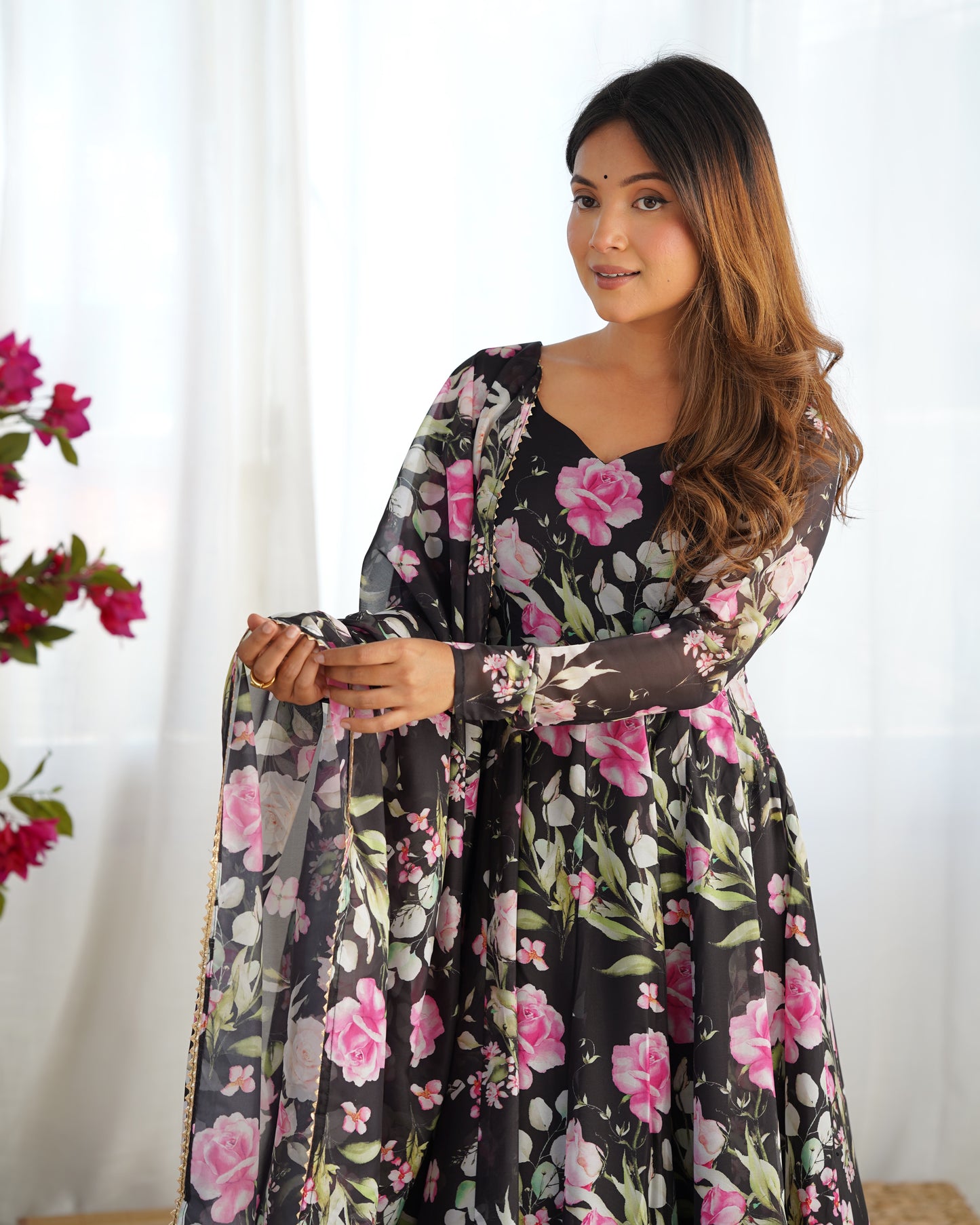 Ravishing Black Pure Organza Silk Floral Printed Anarkali Pant Suit